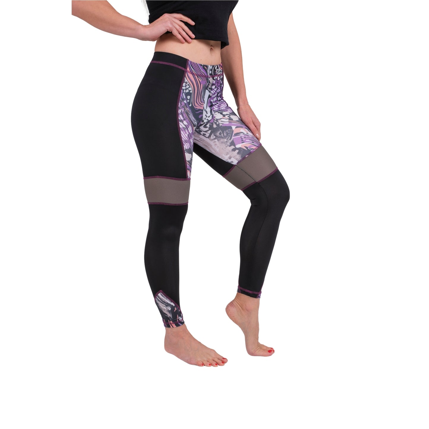 BoldMesh Sculpt Yoga Leggings β Black & Violet Pattern (Breathable Fit)
