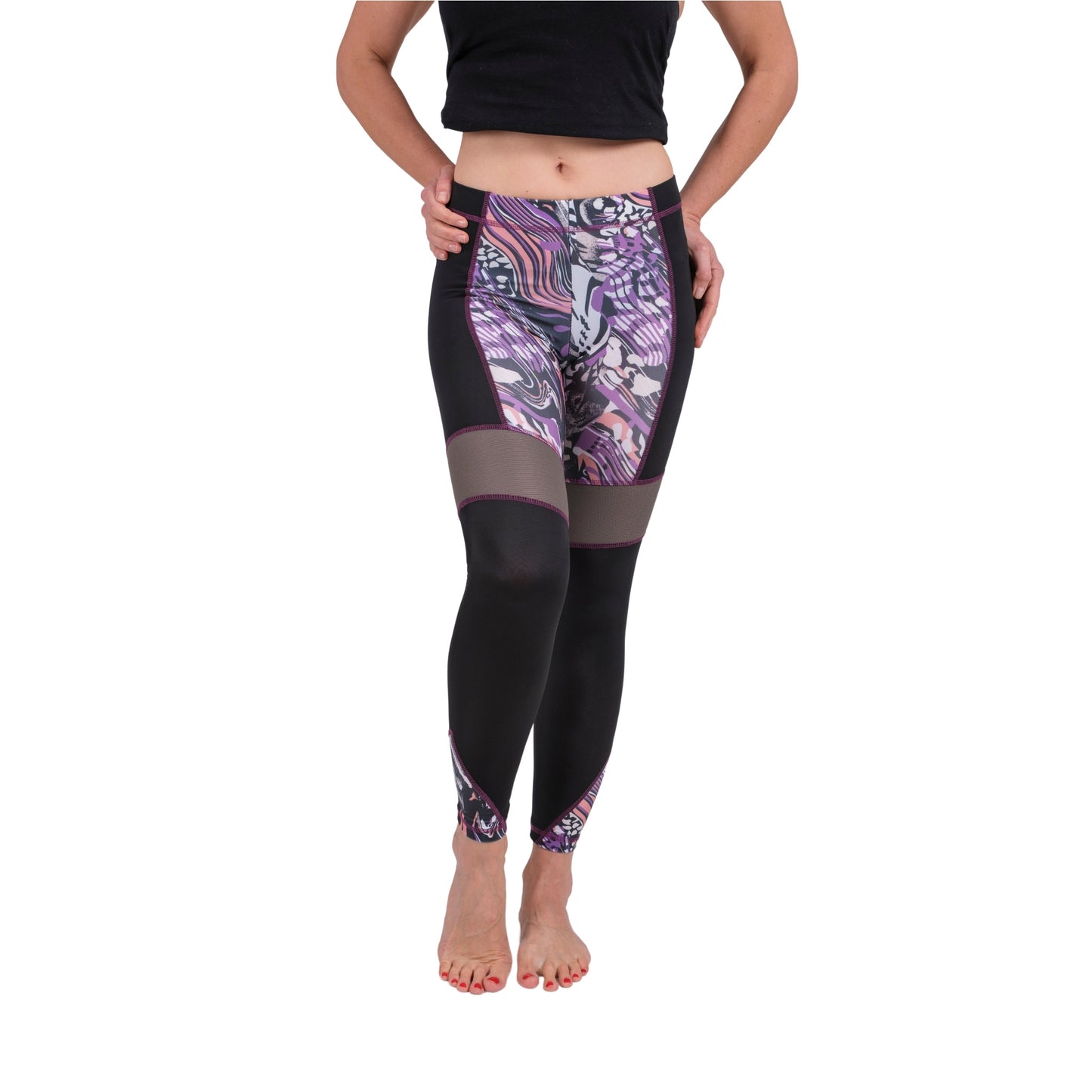 BoldMesh Sculpt Yoga Leggings β Black & Violet Pattern (Breathable Fit)