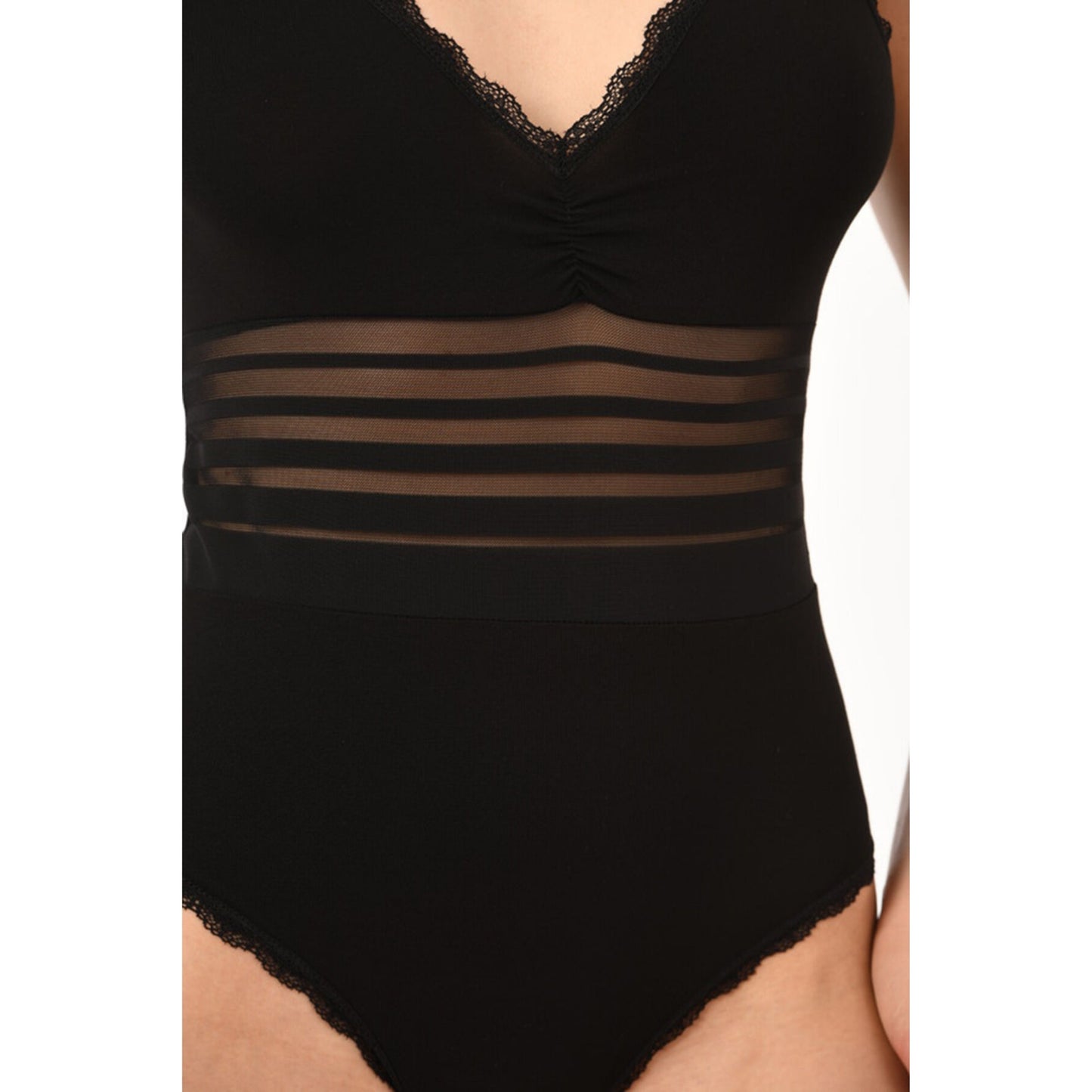 Women's Black Cotton Bodysuit with Sheer Stripe Waist & Lace Trim – Elegant & Comfortable - Hazel Textile