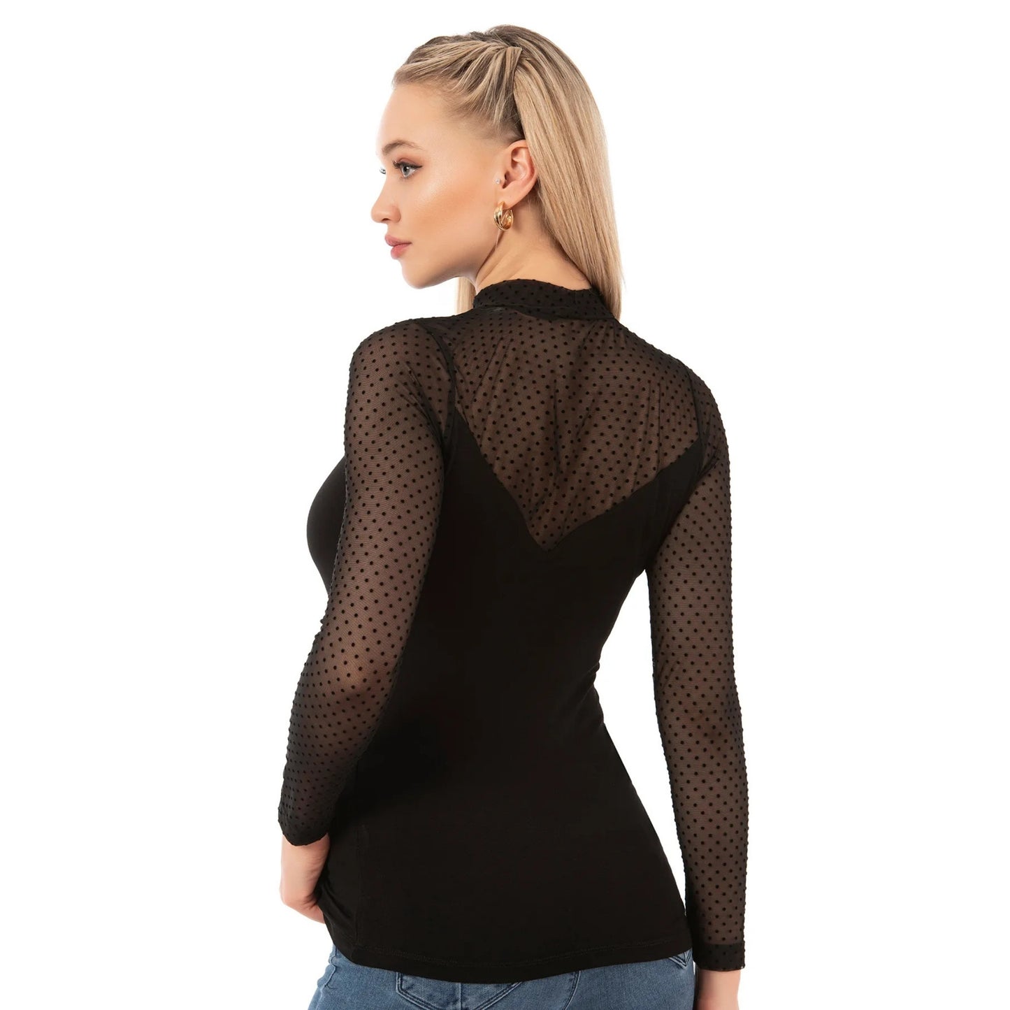 Women’s Long Sleeve Mesh Top – Black Sheer Polka Dot Turtleneck Shirt | Viscose Blend - Hazel Textile