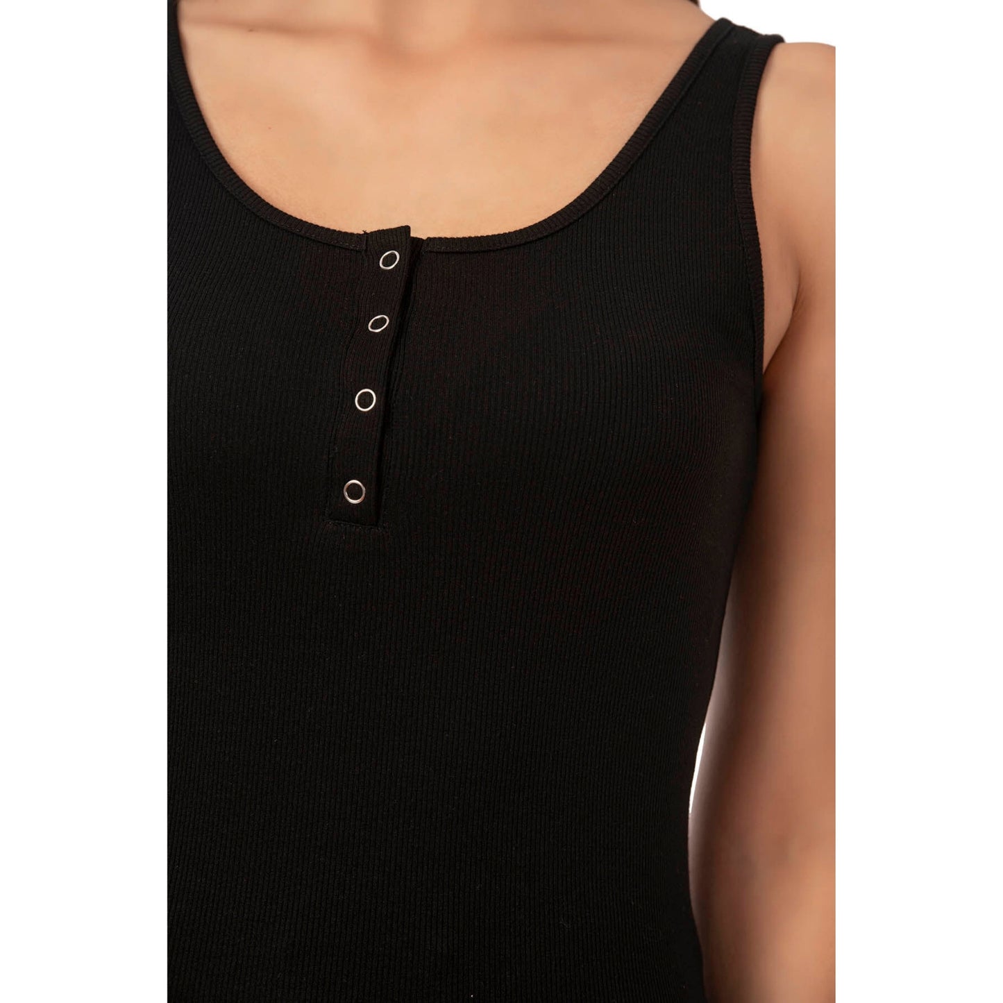 Women’s Ribbed Cotton Tank Top with Snap Buttons – Stretch Sleeveless Henley Shirt - Hazel Textile