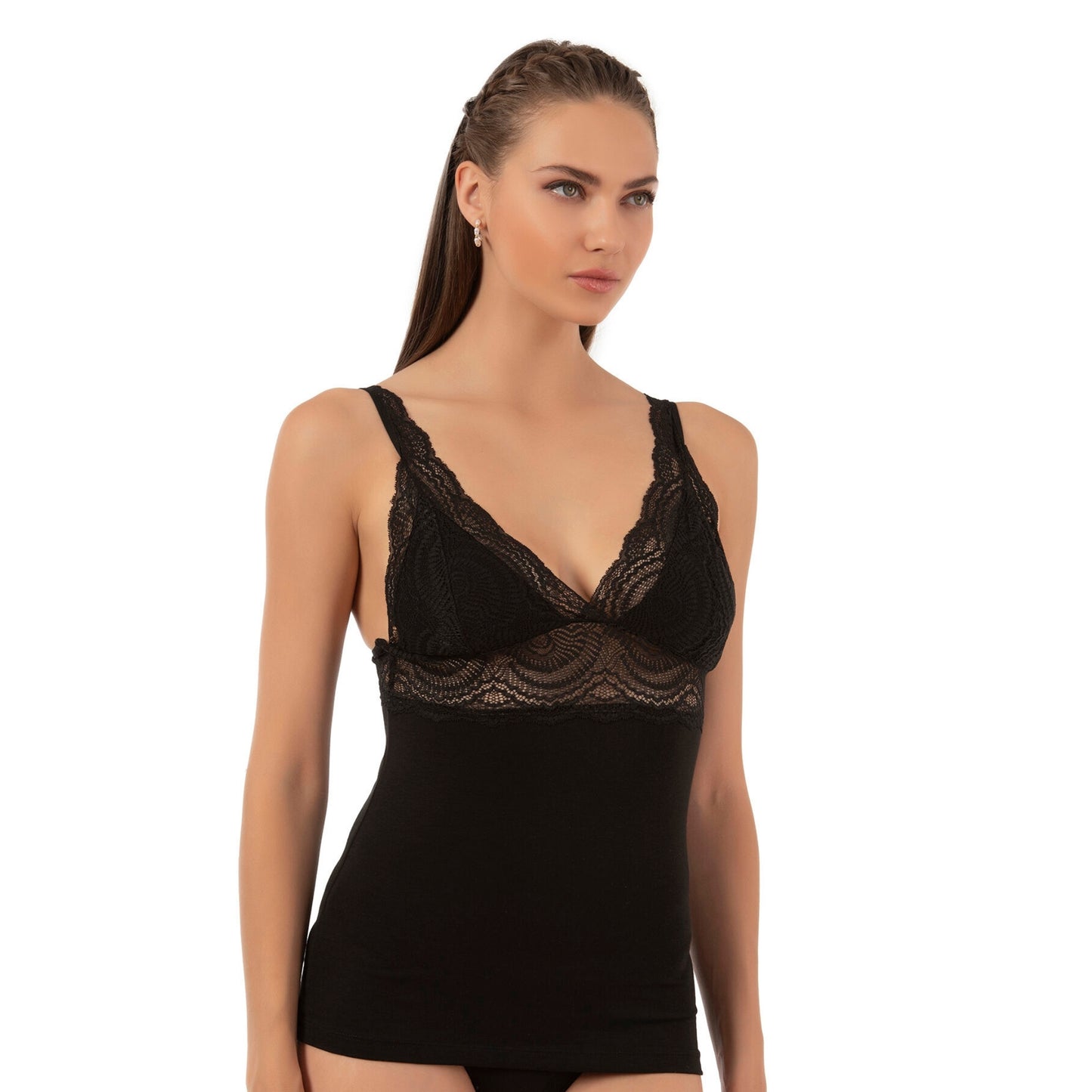 Women’s Lace Trim Cotton Modal Camisole – V-Neck Stretch Tank Top with Wide Straps - Hazel Textile