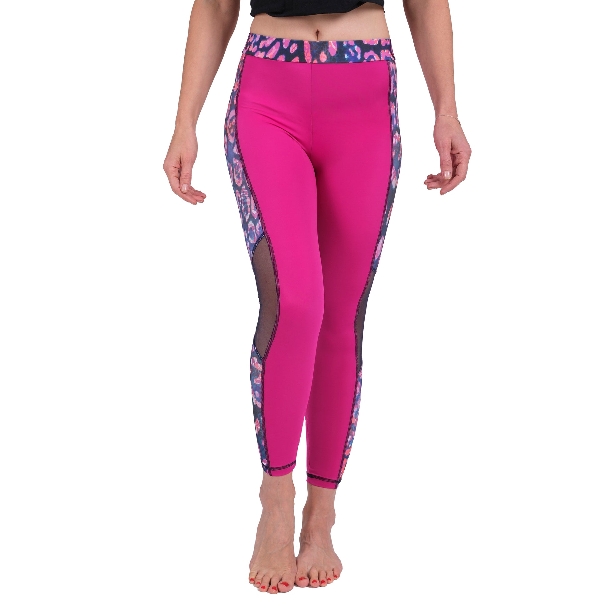 High-Waist Yoga Pants with Leopard Mesh – Fuchsia - Hazel Textile
