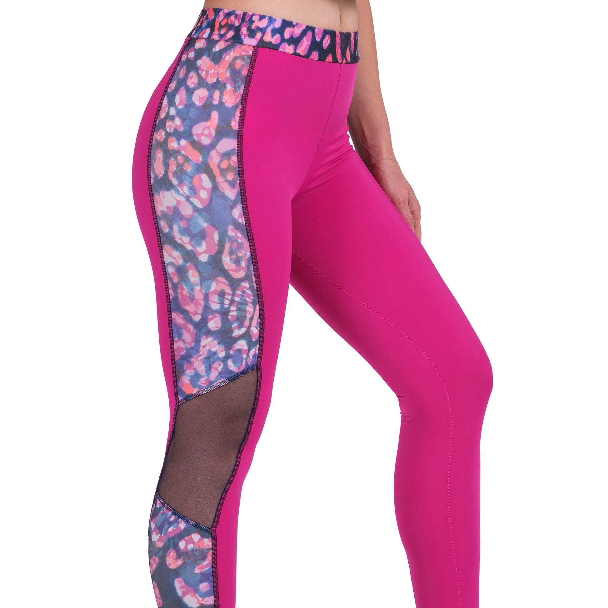 High-Waist Yoga Pants with Leopard Mesh – Fuchsia - Hazel Textile