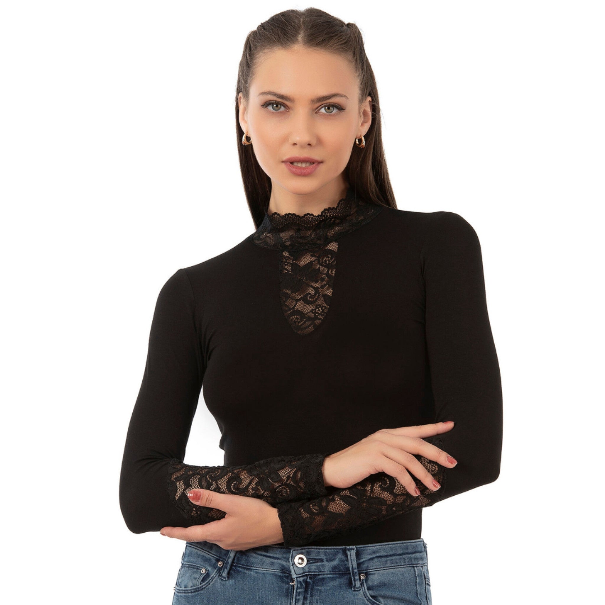 Women's Long Sleeve Lace Bodysuit – Elegant High Neck Design | Black - Hazel Textile