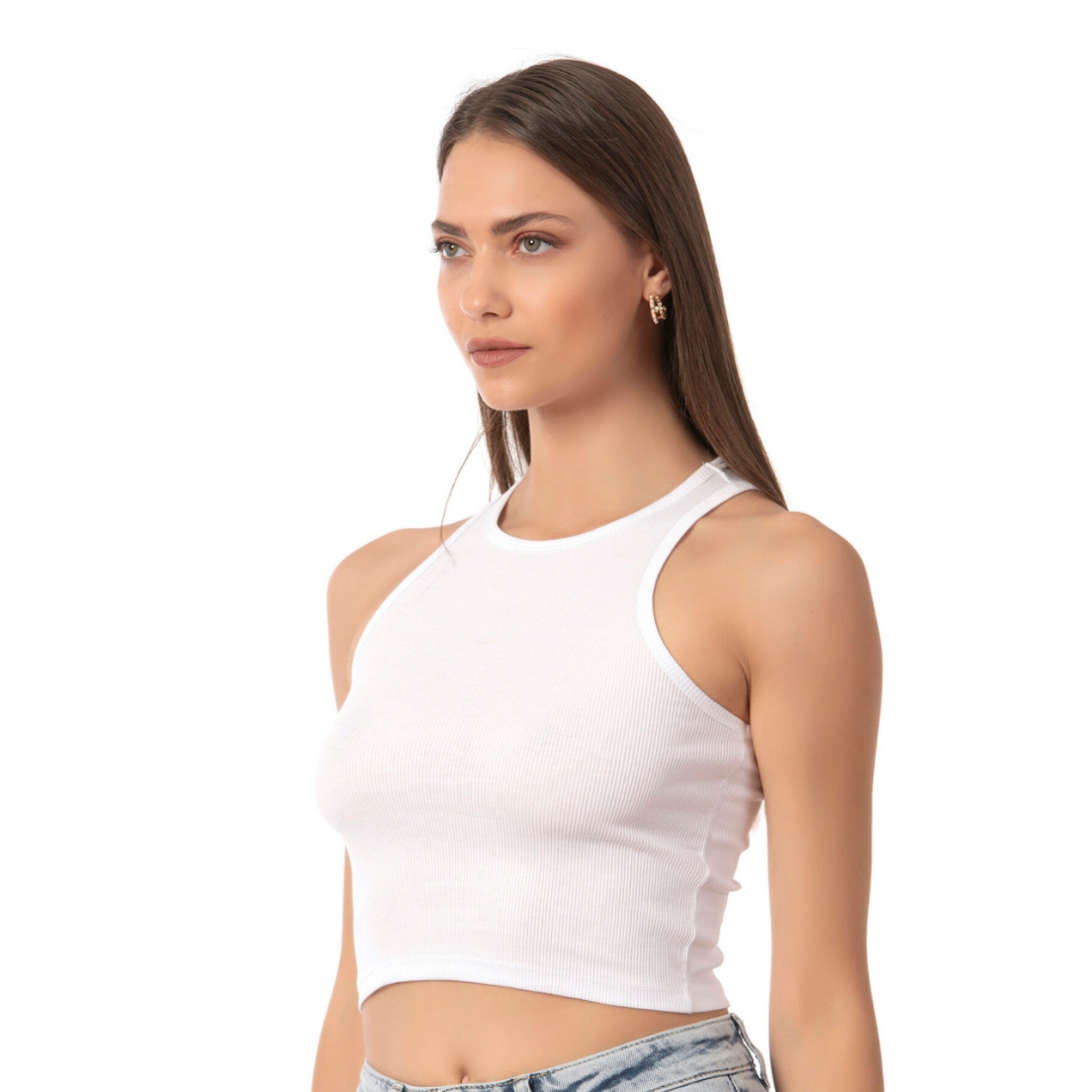 Women’s Ribbed High-Neck Crop Tank Top – Stretchy, Breathable Cotton Blend for Casual & Active Wear - Hazel Textile