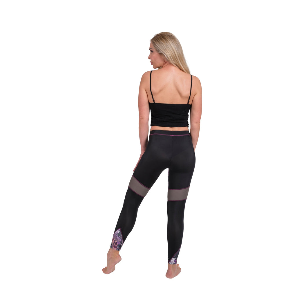 BoldMesh Sculpt Yoga Leggings – Black & Violet Pattern (Breathable Fit) - Hazel Textile
