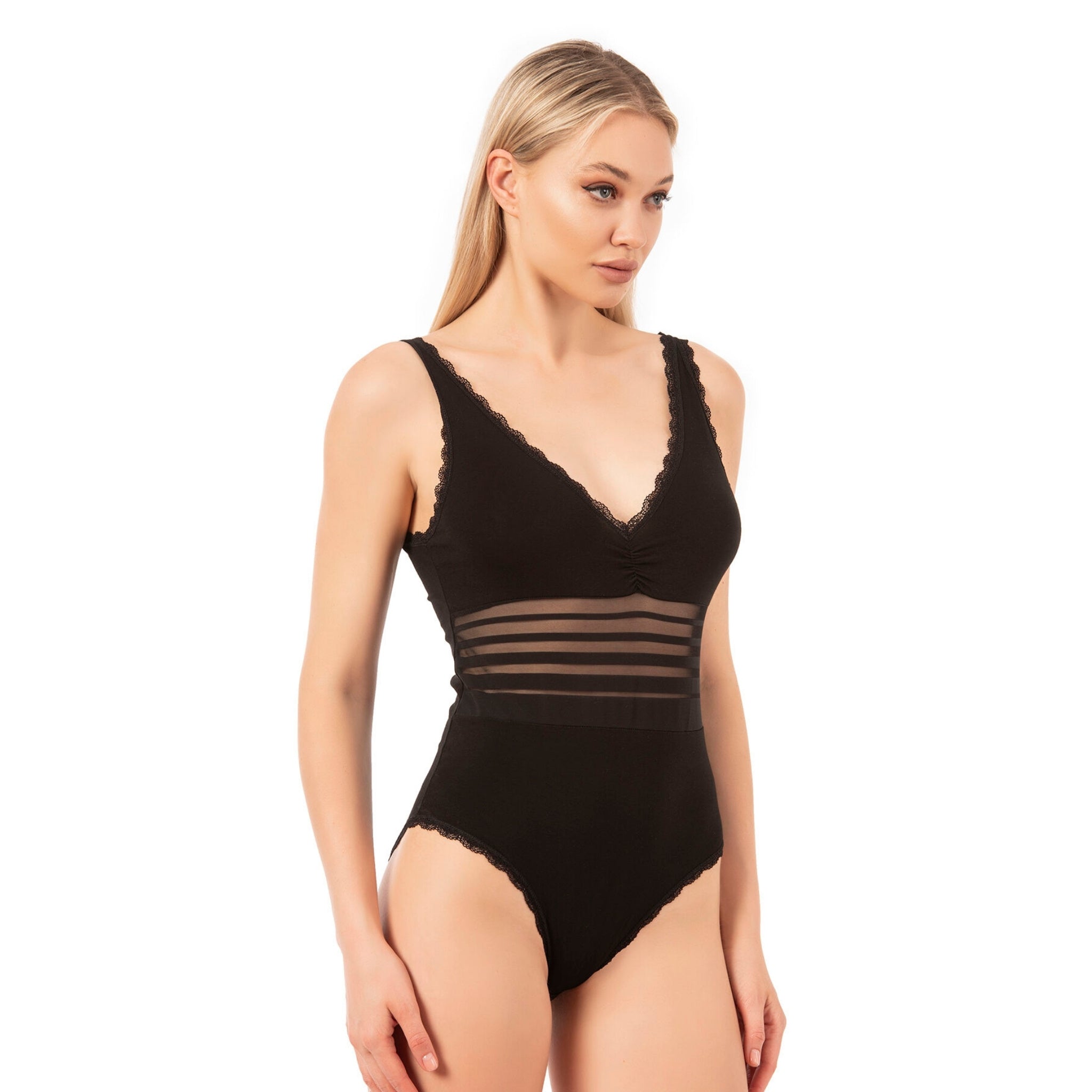 Women's Black Cotton Bodysuit with Sheer Stripe Waist & Lace Trim – Elegant & Comfortable - Hazel Textile