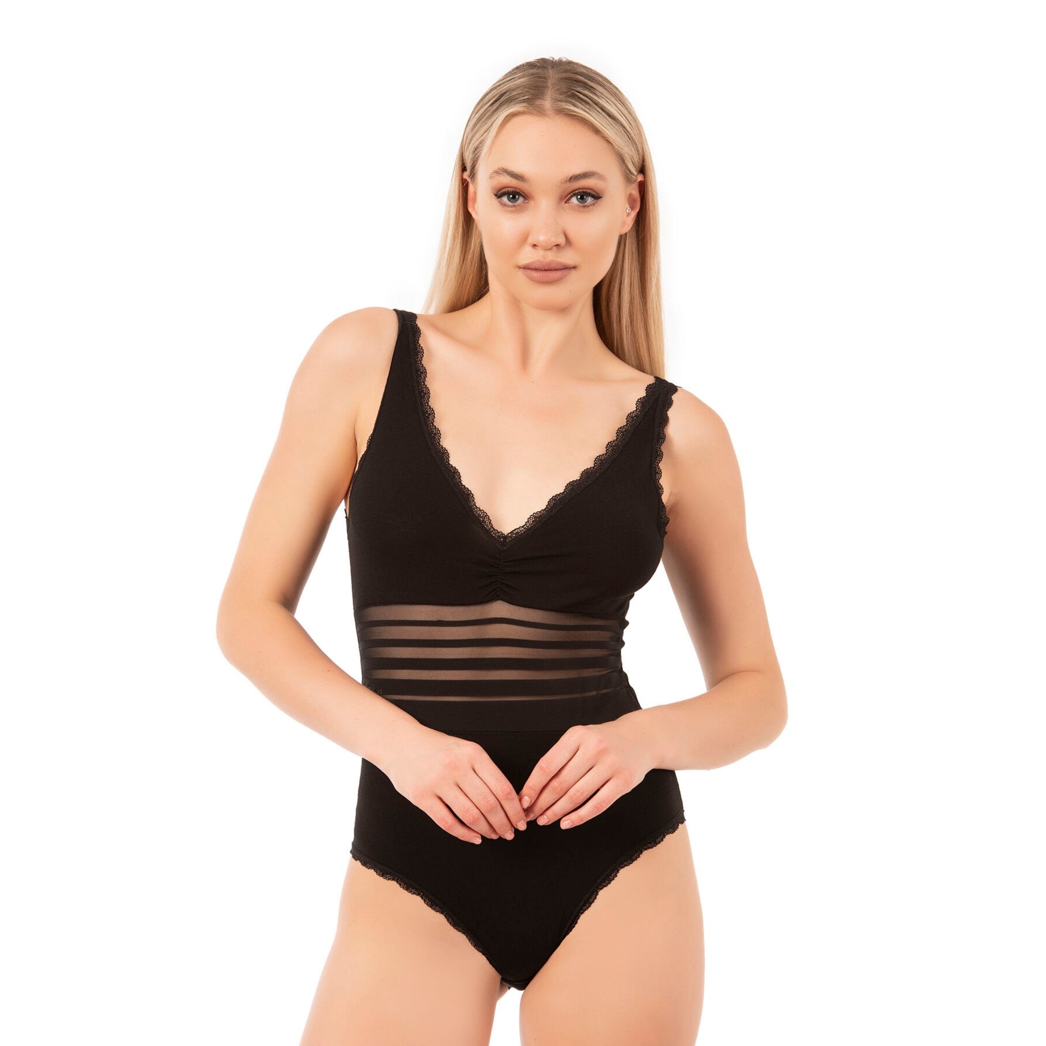 Women's Black Cotton Bodysuit with Sheer Stripe Waist & Lace Trim – Elegant & Comfortable - Hazel Textile