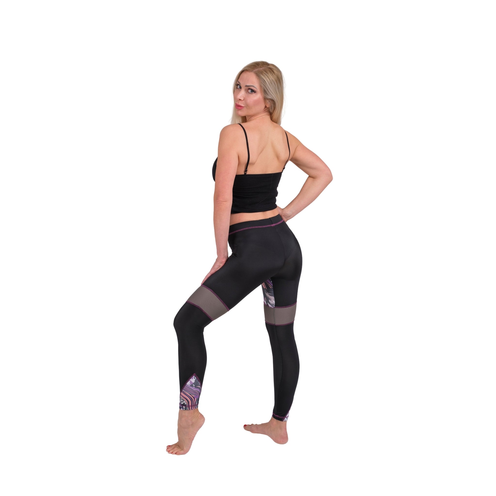 BoldMesh Sculpt Yoga Leggings – Black & Violet Pattern (Breathable Fit) - Hazel Textile
