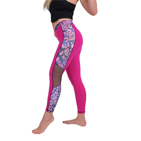 Legging de yoga taille haute en maille léopard – Vêtements de sport fuchsia extensibles et respirants