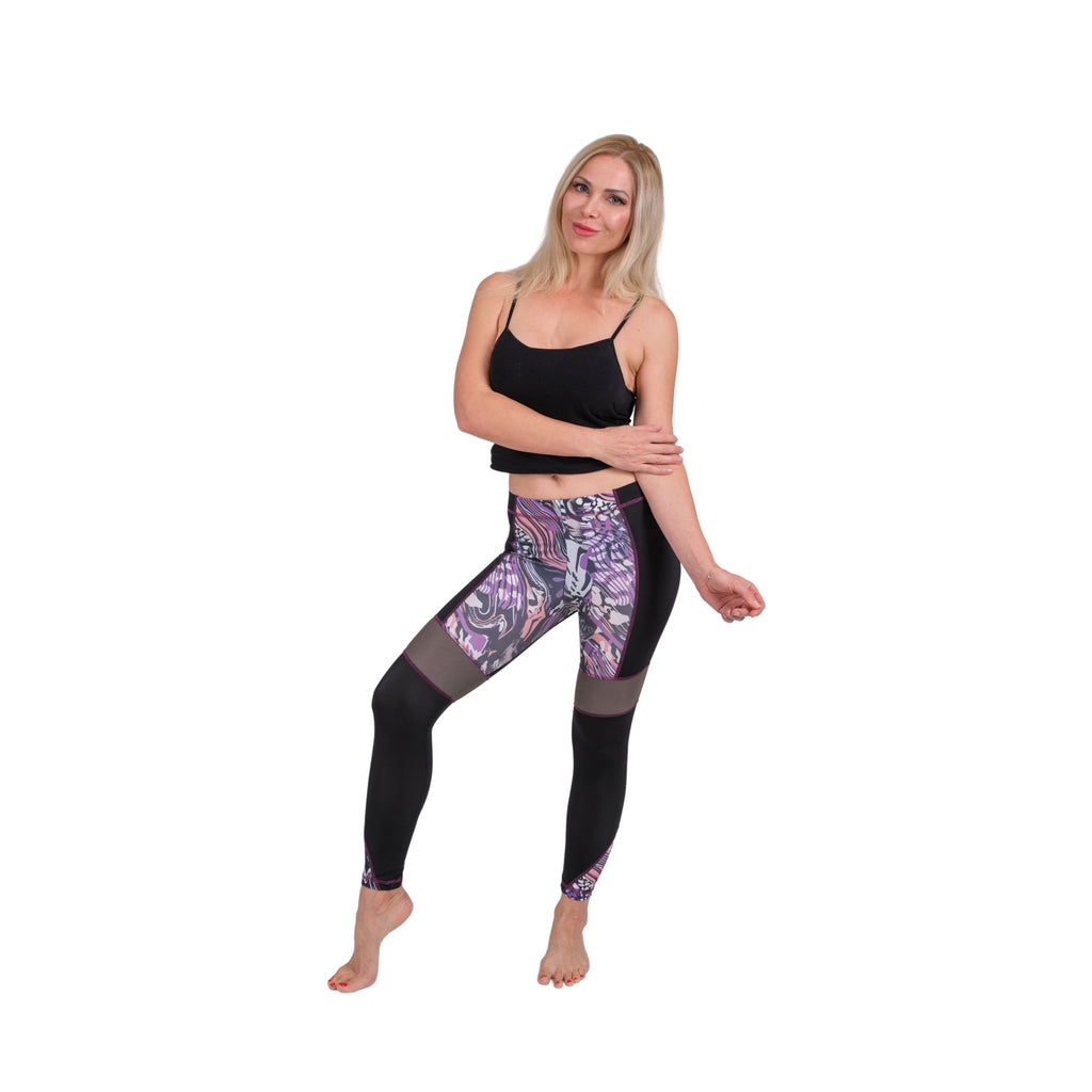 BoldMesh Sculpt Yoga Leggings – Black & Violet Pattern (Breathable Fit) - Hazel Textile