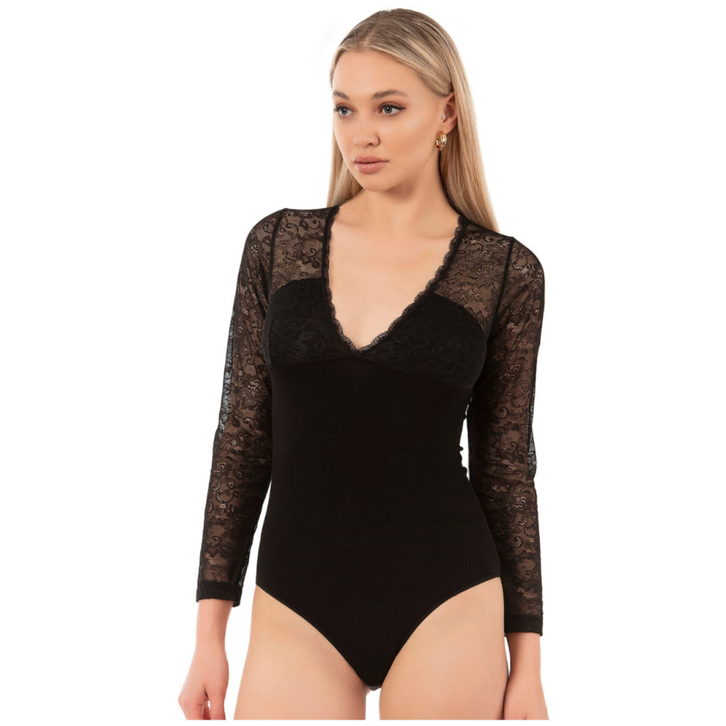 Women's Black Long Sleeve Lace Bodysuit – Elegant Viscose Blend with Floral Mesh Details - Hazel Textile