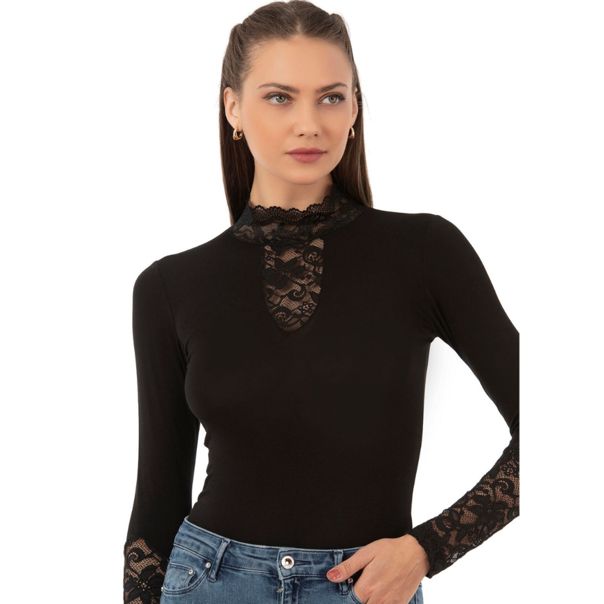 Women's Long Sleeve Lace Bodysuit – Elegant High Neck Design | Black - Hazel Textile