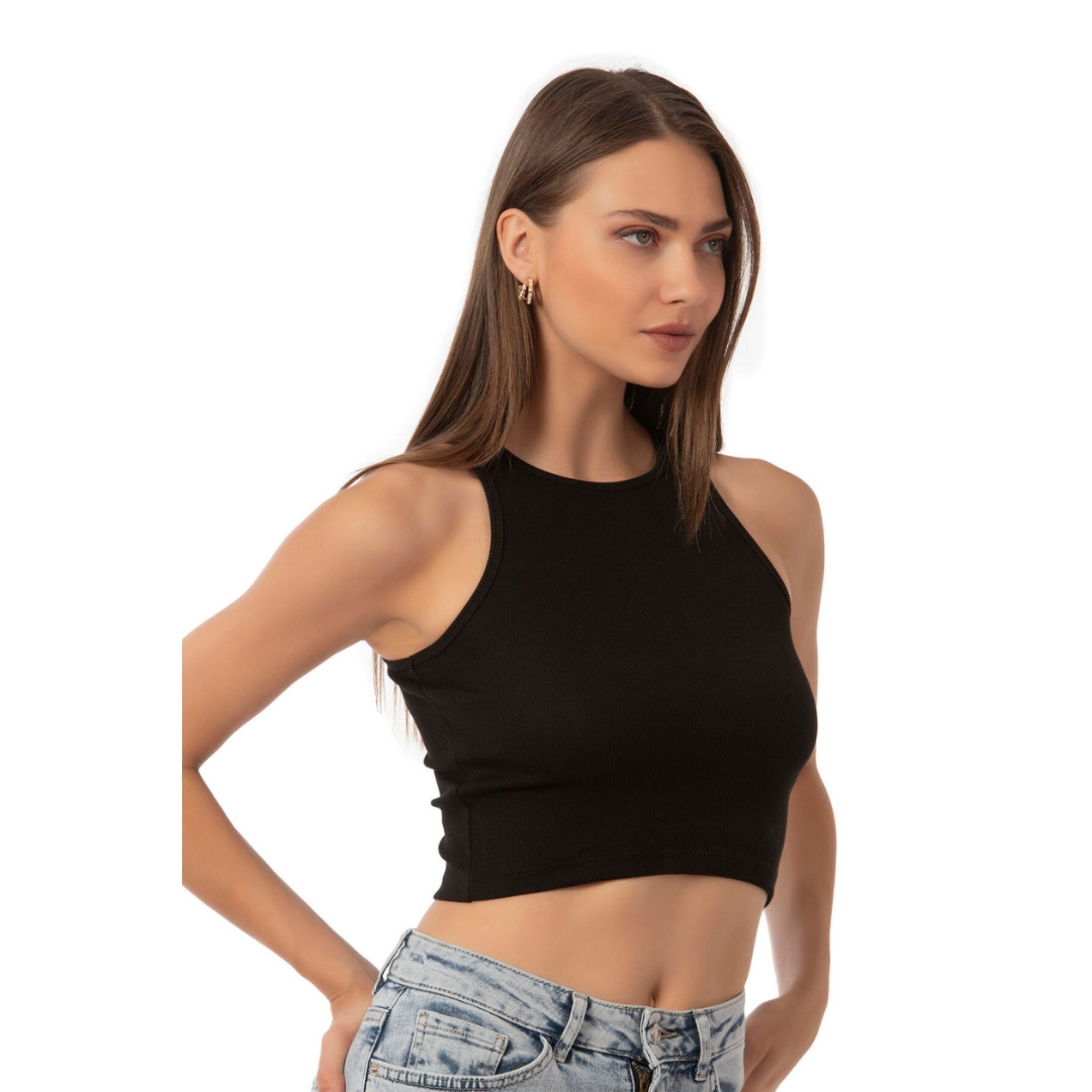 Women’s Ribbed High-Neck Crop Tank Top – Stretchy, Breathable Cotton Blend for Casual & Active Wear - Hazel Textile