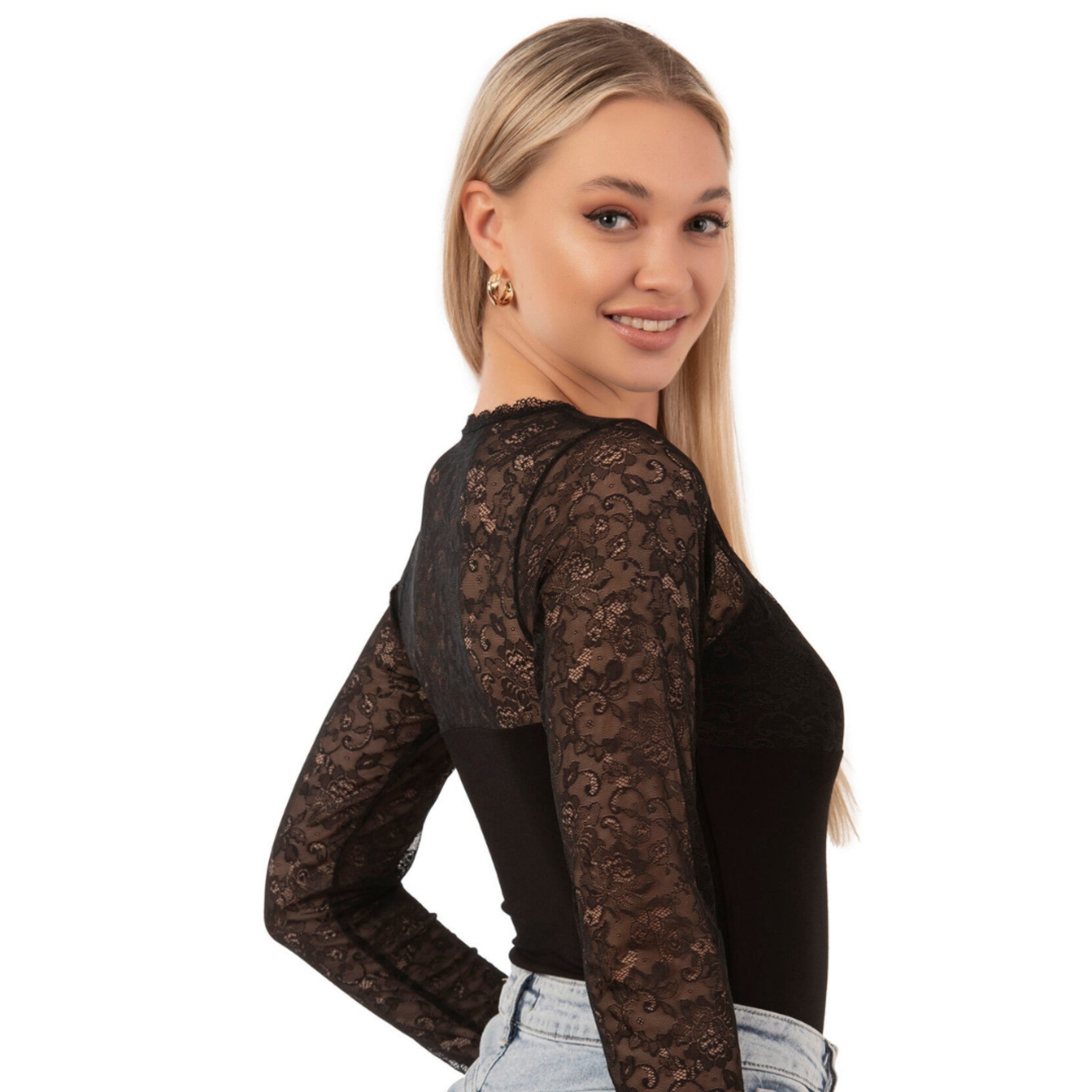Women's Black Long Sleeve Lace Bodysuit – Elegant Viscose Blend with Floral Mesh Details - Hazel Textile