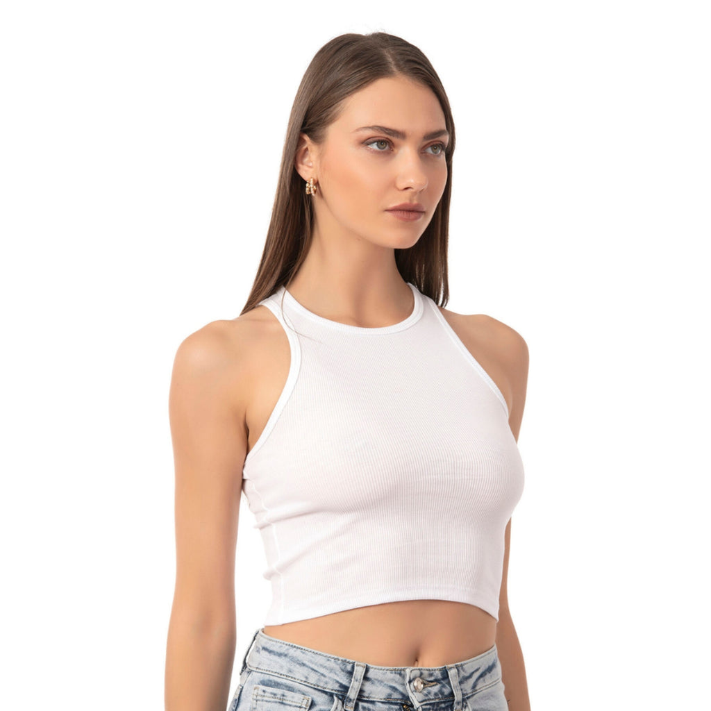 Women’s Ribbed High-Neck Crop Tank Top – Stretchy, Breathable Cotton Blend for Casual & Active Wear - Hazel Textile