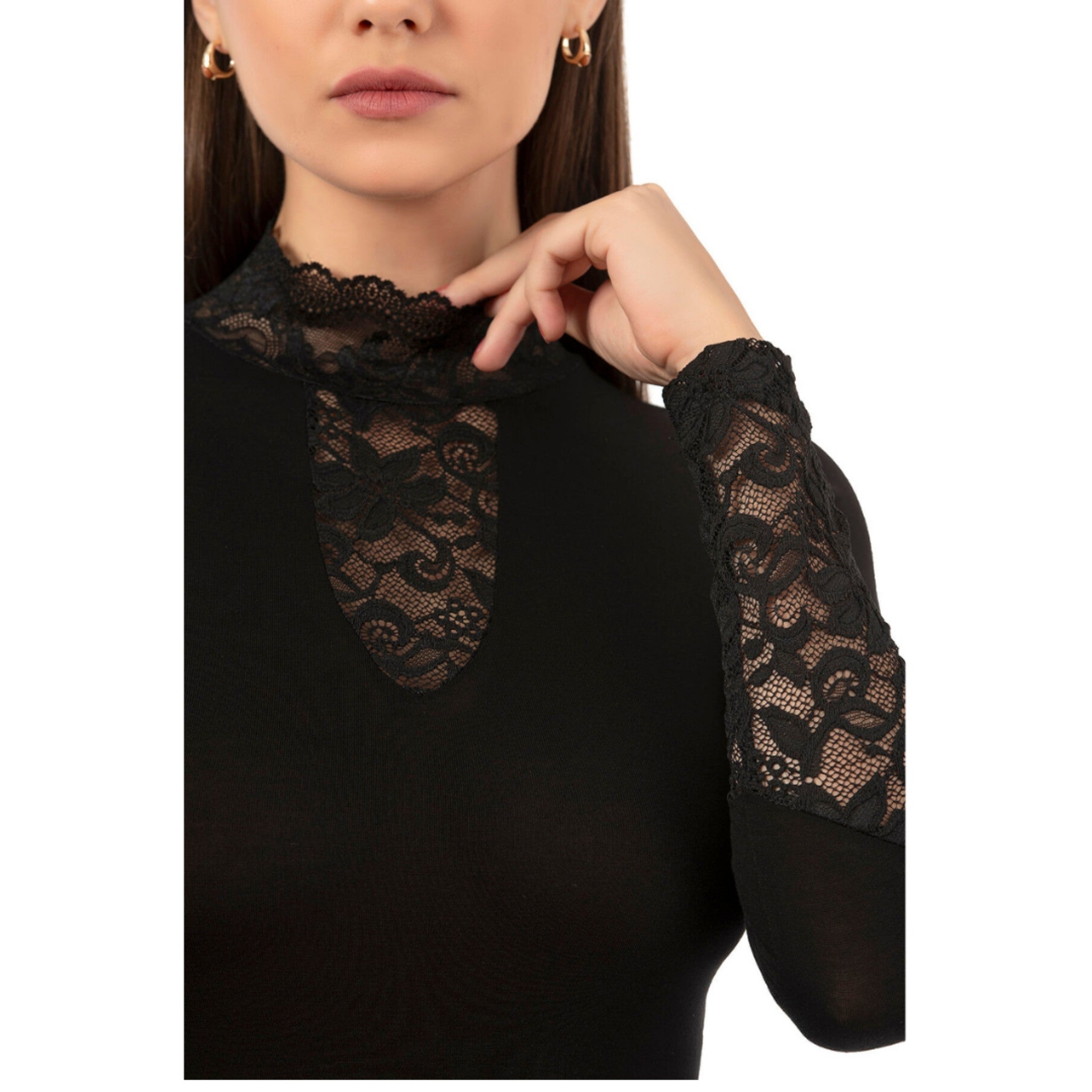Women's Long Sleeve Lace Bodysuit – Elegant High Neck Design | Black - Hazel Textile