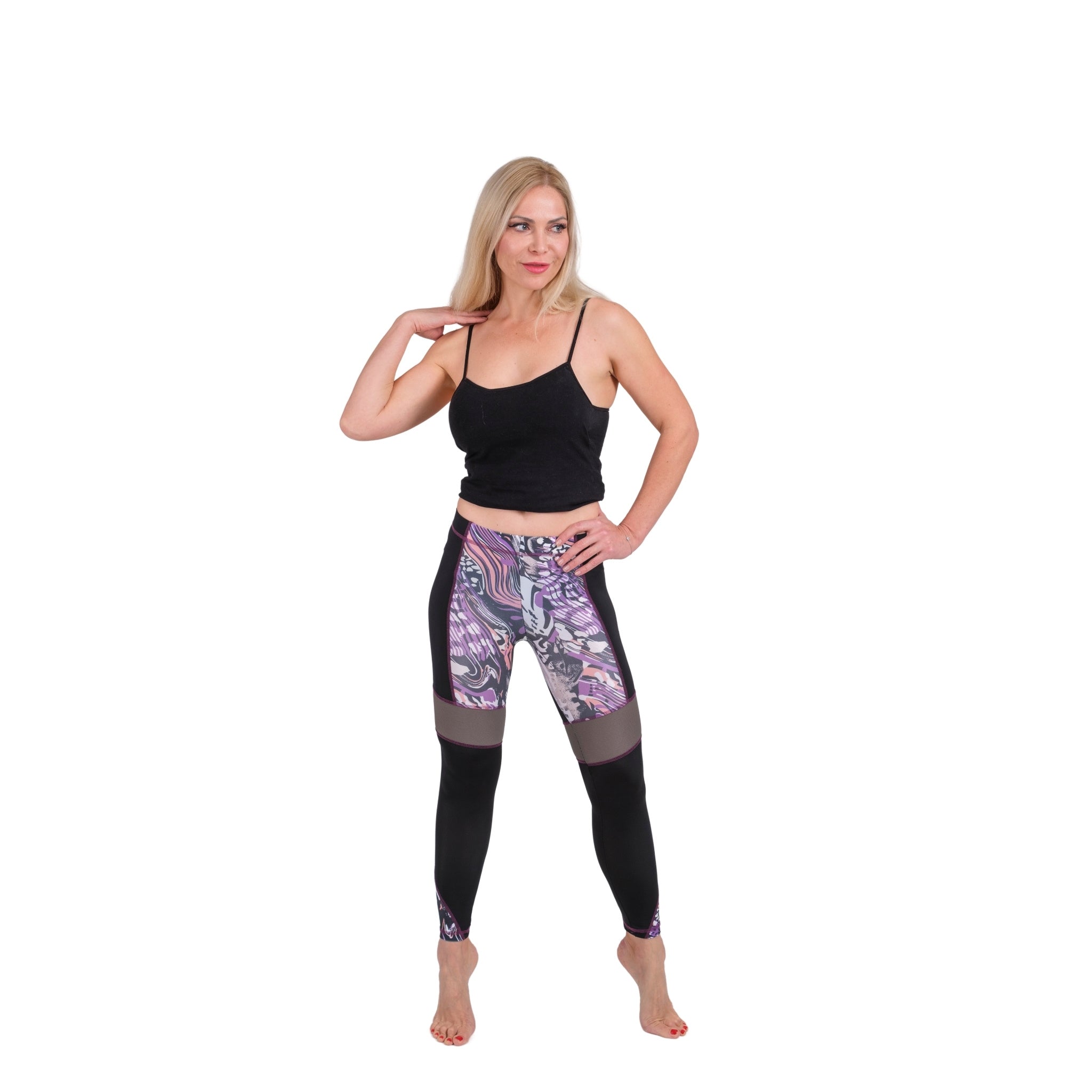 BoldMesh Sculpt Yoga Leggings – Black & Violet Pattern (Breathable Fit) - Hazel Textile