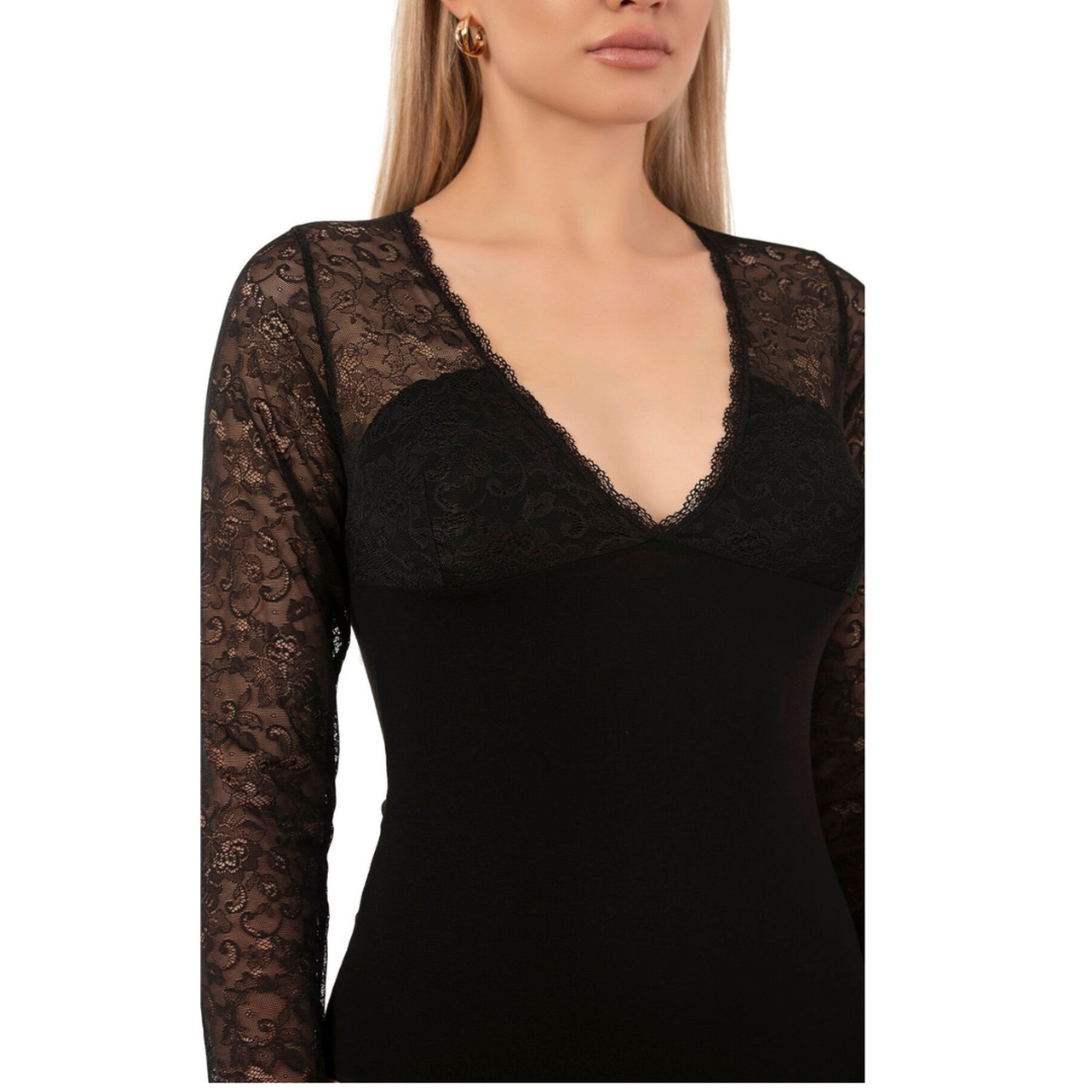 Women's Black Long Sleeve Lace Bodysuit – Elegant Viscose Blend with Floral Mesh Details - Hazel Textile