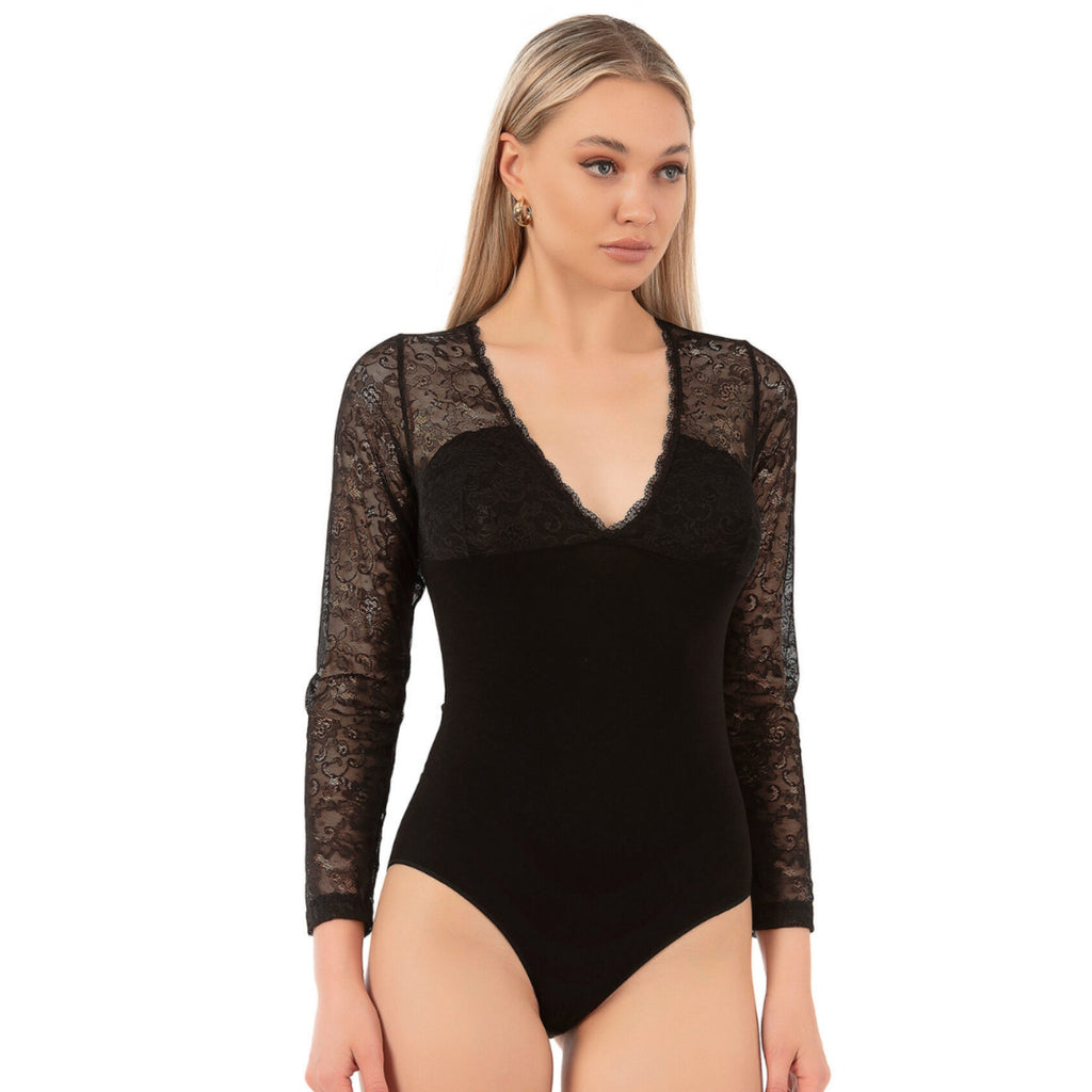Women's Black Long Sleeve Lace Bodysuit – Elegant Viscose Blend with Floral Mesh Details - Hazel Textile