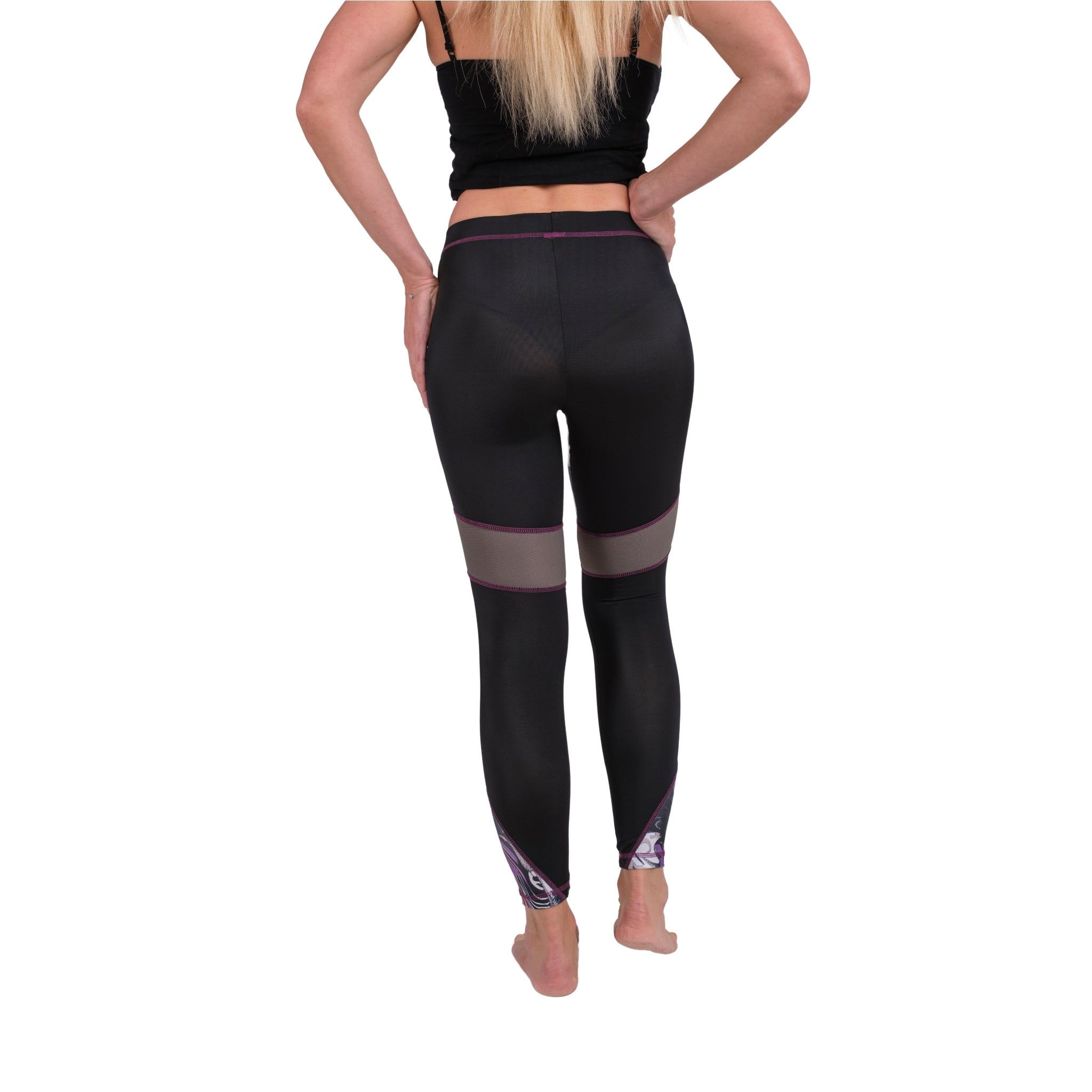 BoldMesh Sculpt Yoga Leggings – Black & Violet Pattern (Breathable Fit) - Hazel Textile