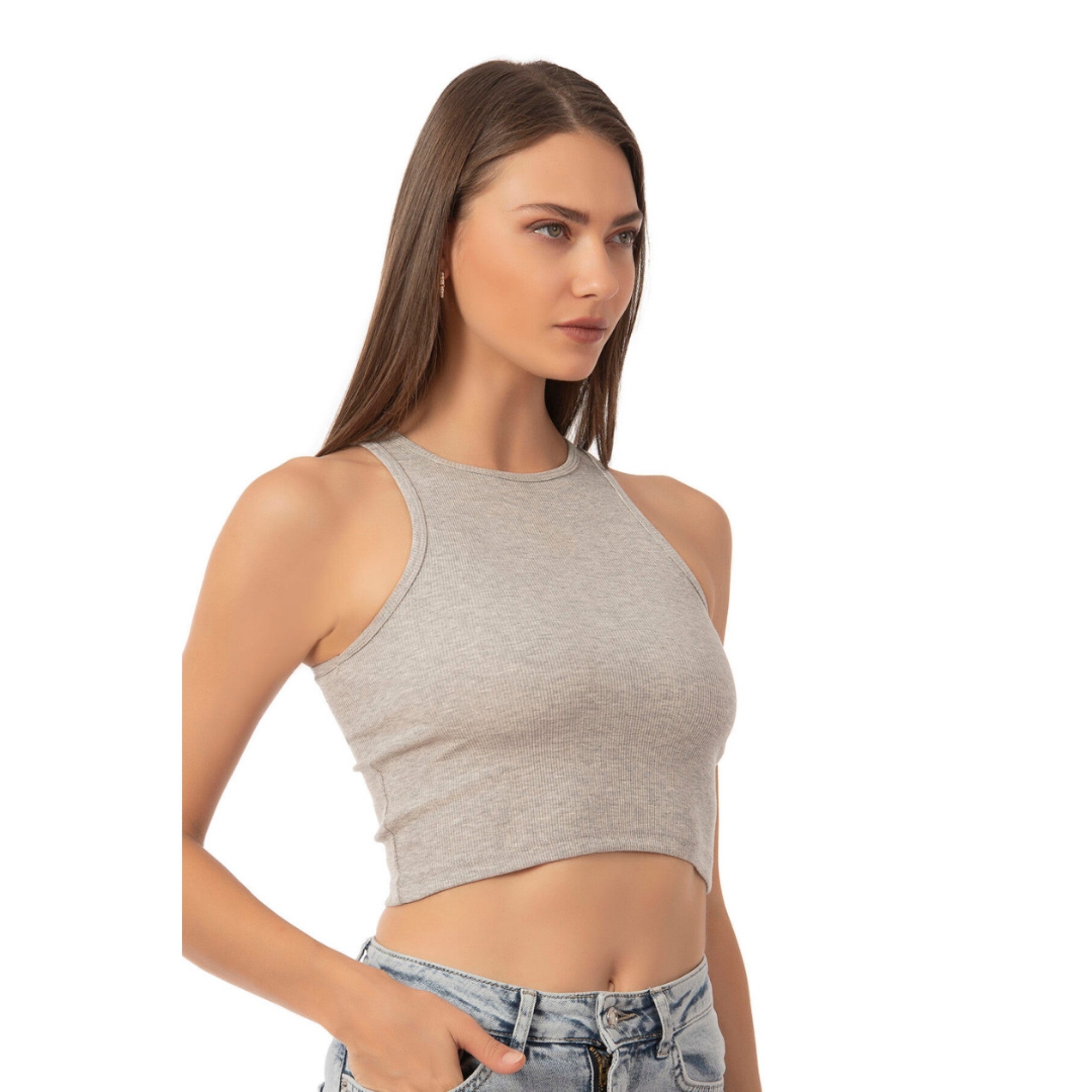 Women’s Ribbed High-Neck Crop Tank Top – Stretchy, Breathable Cotton Blend for Casual & Active Wear - Hazel Textile