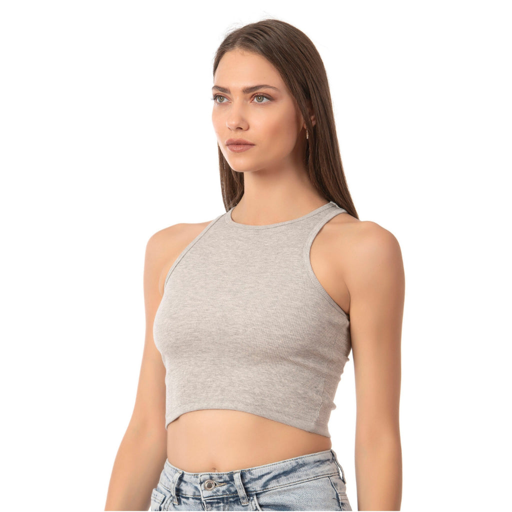Women’s Ribbed High-Neck Crop Tank Top – Stretchy, Breathable Cotton Blend for Casual & Active Wear - Hazel Textile