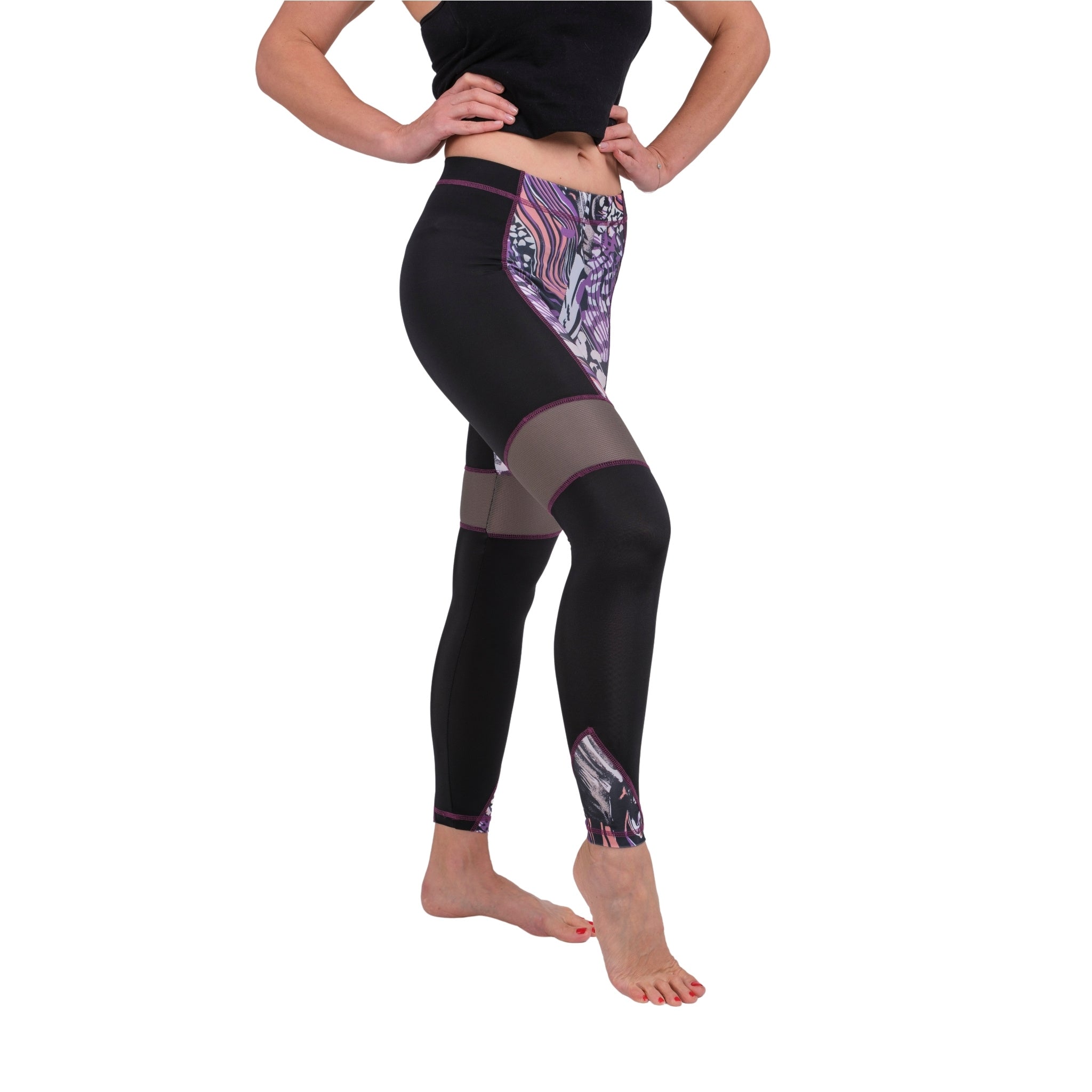 BoldMesh Sculpt Yoga Leggings – Black & Violet Pattern (Breathable Fit) - Hazel Textile