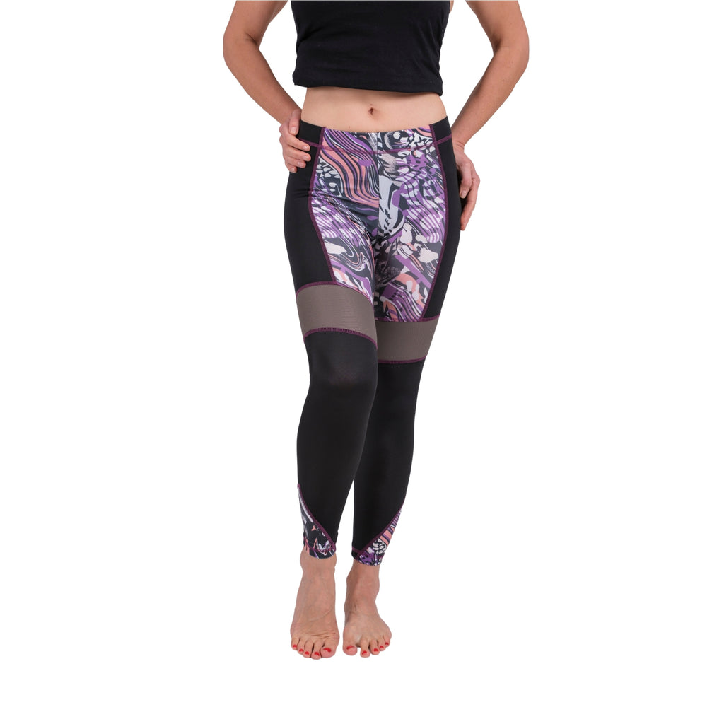 BoldMesh Sculpt Yoga Leggings – Black & Violet Pattern (Breathable Fit) - Hazel Textile
