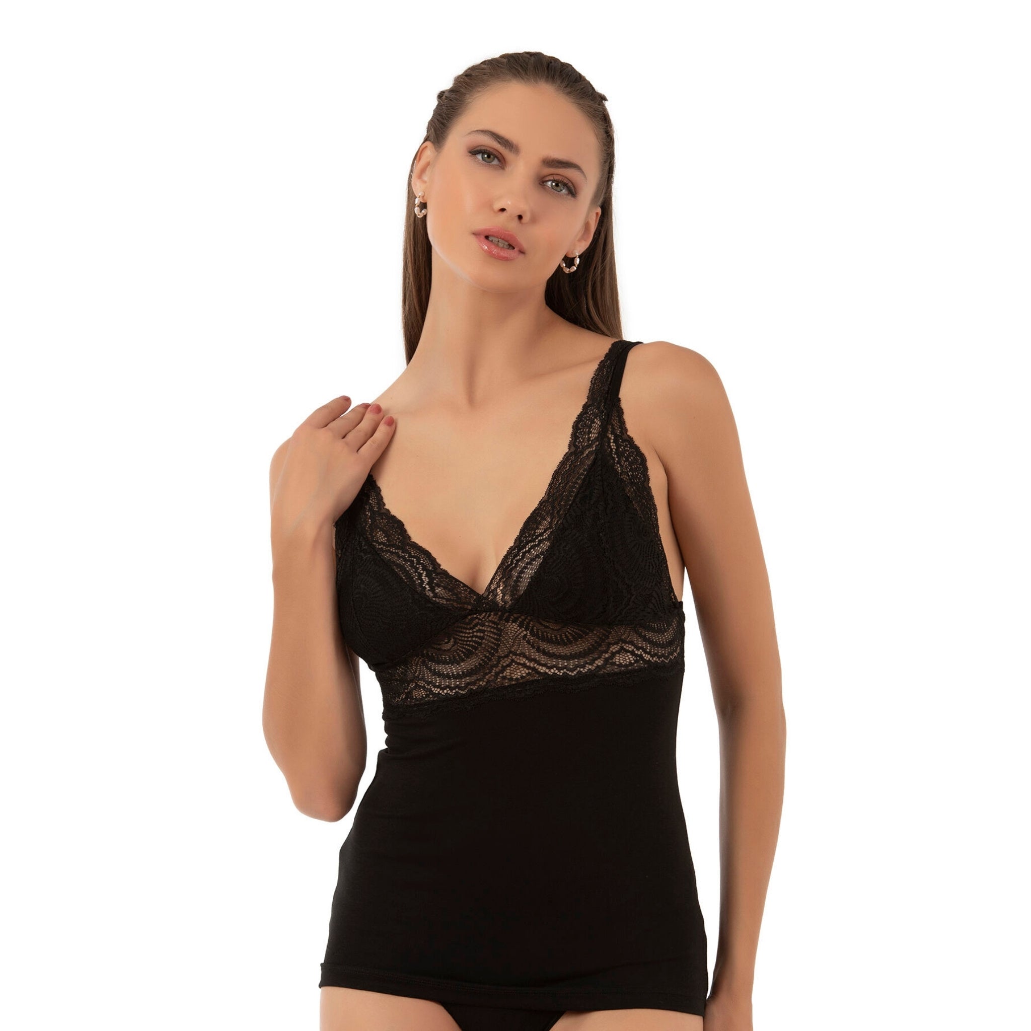 Women’s Lace Trim Cotton Modal Camisole – V-Neck Stretch Tank Top with Wide Straps - Hazel Textile