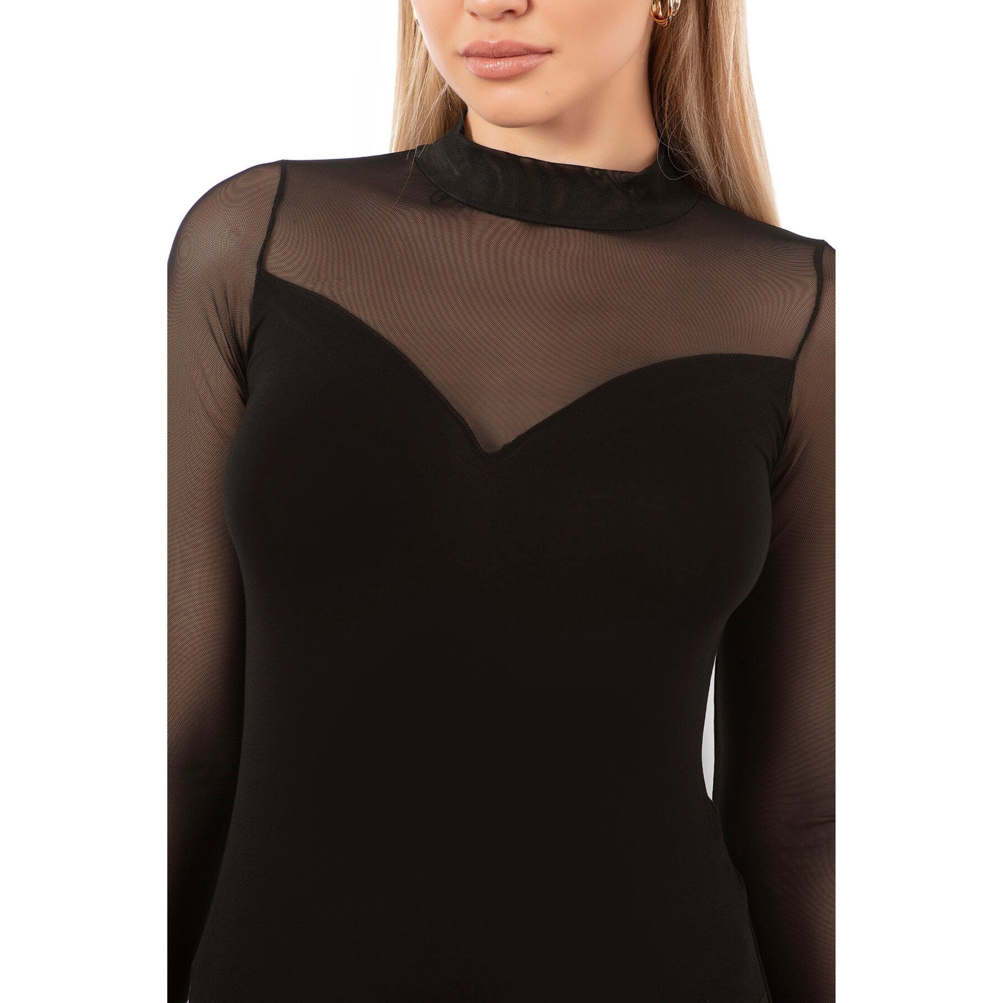 Women's Long Sleeve Black Mesh Bodysuit – Elegant Sheer Panel Viscose Stretch Leotard - Hazel Textile