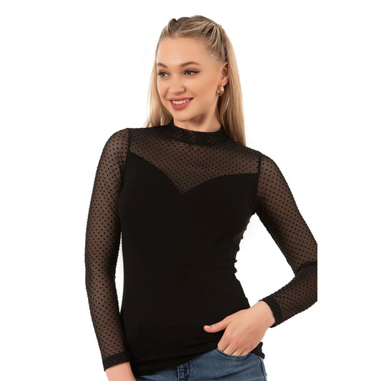 Haut à manches longues en maille transparente pour femme – Tulle à pois élégant, mélange de viscose respirant