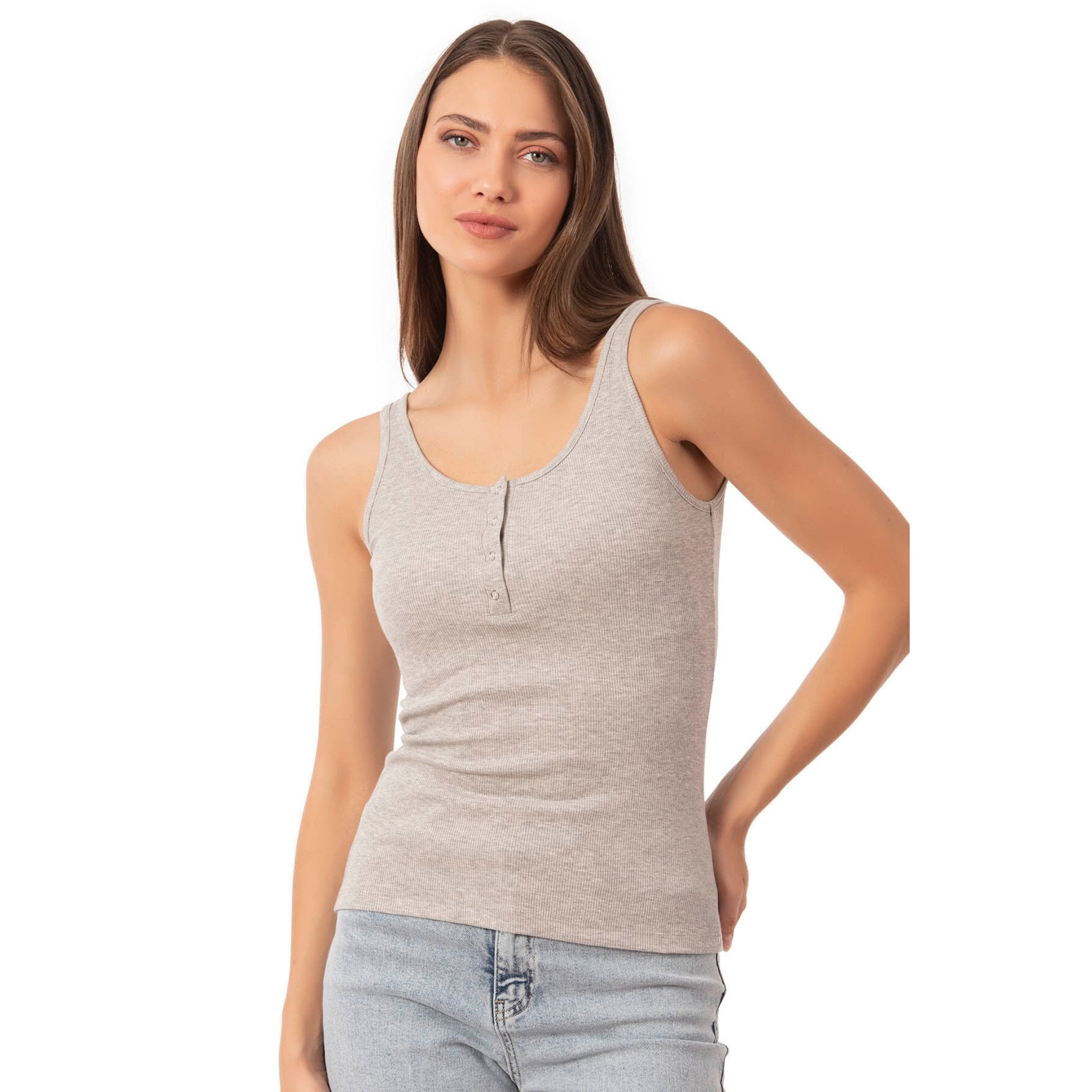 Women’s Ribbed Cotton Tank Top with Snap Buttons – Stretch Sleeveless Henley Shirt - Hazel Textile