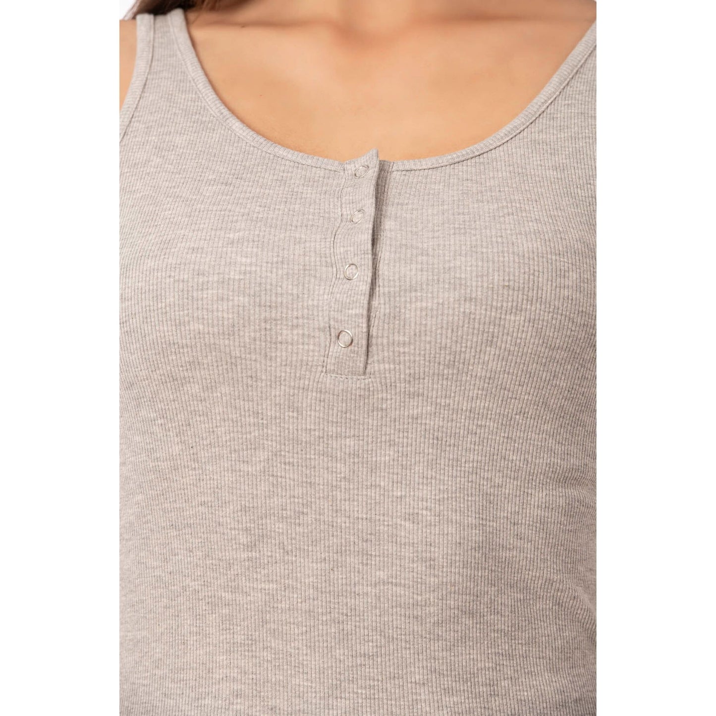 Women’s Ribbed Cotton Tank Top with Snap Buttons – Stretch Sleeveless Henley Shirt - Hazel Textile