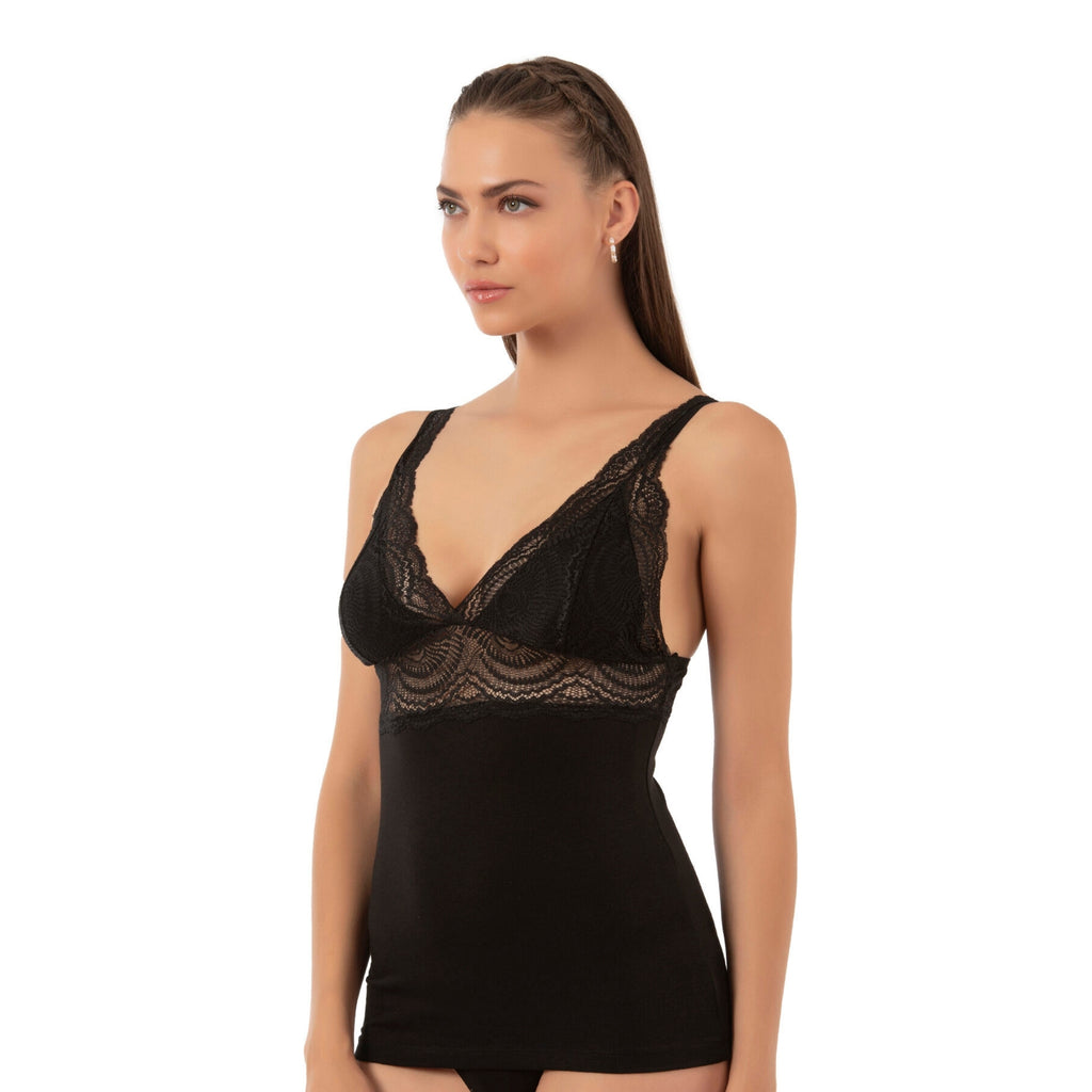 Women’s Lace Trim Cotton Modal Camisole – V-Neck Stretch Tank Top with Wide Straps - Hazel Textile