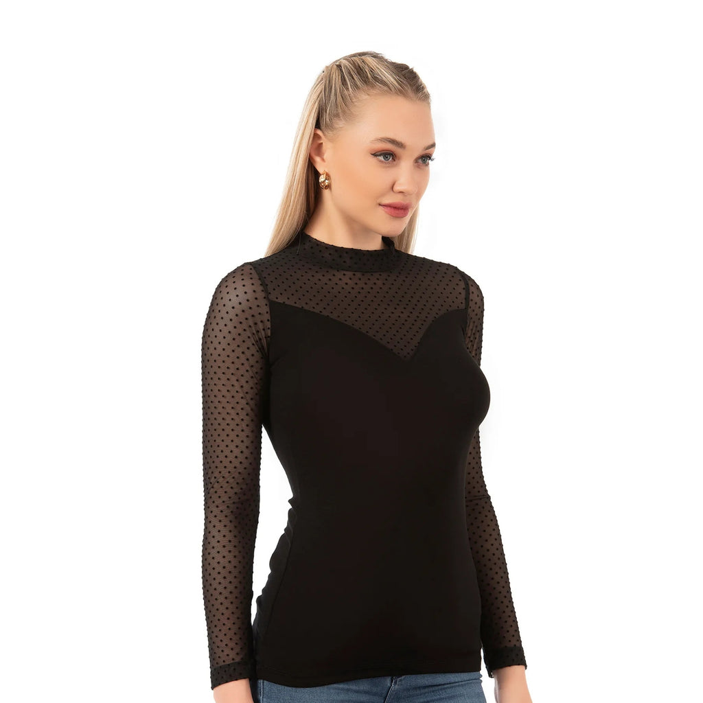 Women’s Long Sleeve Mesh Top – Black Sheer Polka Dot Turtleneck Shirt | Viscose Blend - Hazel Textile
