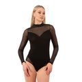 Women's Long Sleeve Black Mesh Bodysuit – Elegant Sheer Panel Viscose Stretch Leotard - Hazel Textile