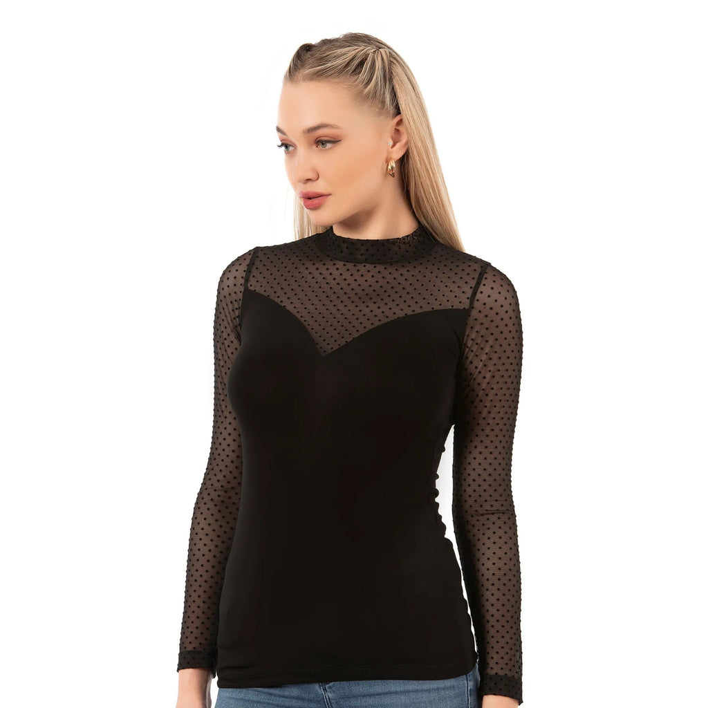 Women’s Long Sleeve Mesh Top – Black Sheer Polka Dot Turtleneck Shirt | Viscose Blend - Hazel Textile