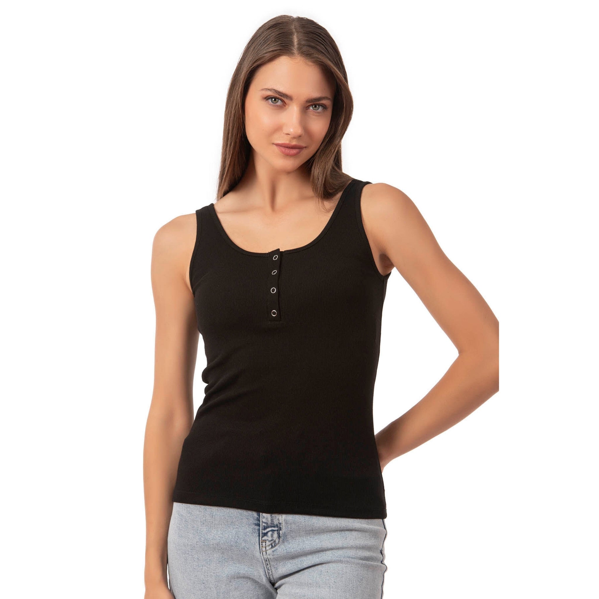 Women’s Ribbed Cotton Tank Top with Snap Buttons – Stretch Sleeveless Henley Shirt - Hazel Textile