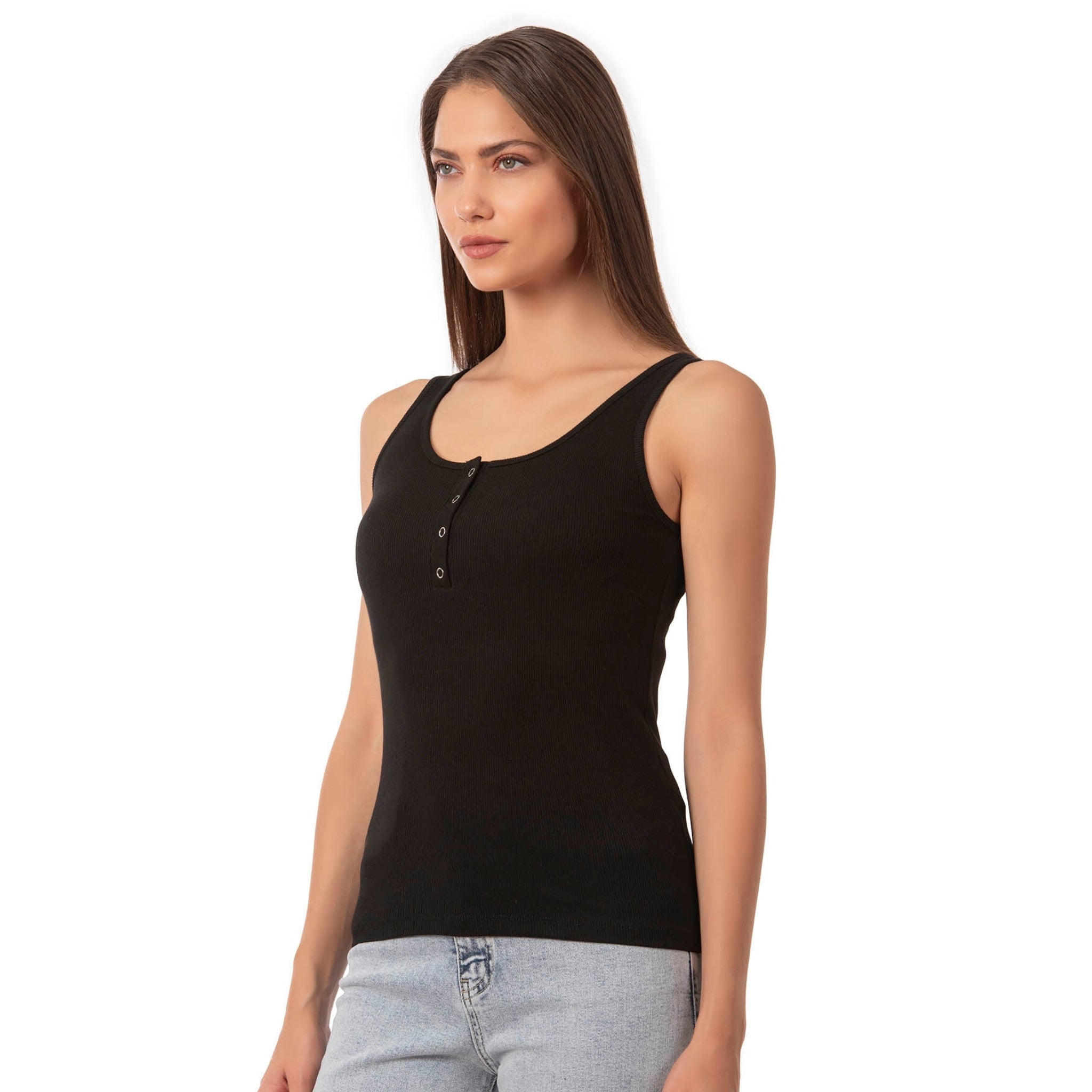 Women’s Ribbed Cotton Tank Top with Snap Buttons – Stretch Sleeveless Henley Shirt - Hazel Textile