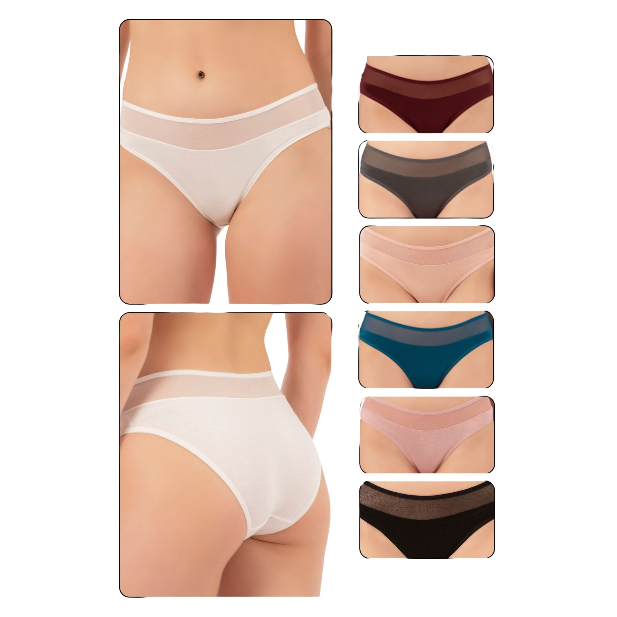 7-Pack Women’s Cotton Bikini Panties with Mesh Waist – Stretch Slip Brief Underwear Set - Hazel Textile
