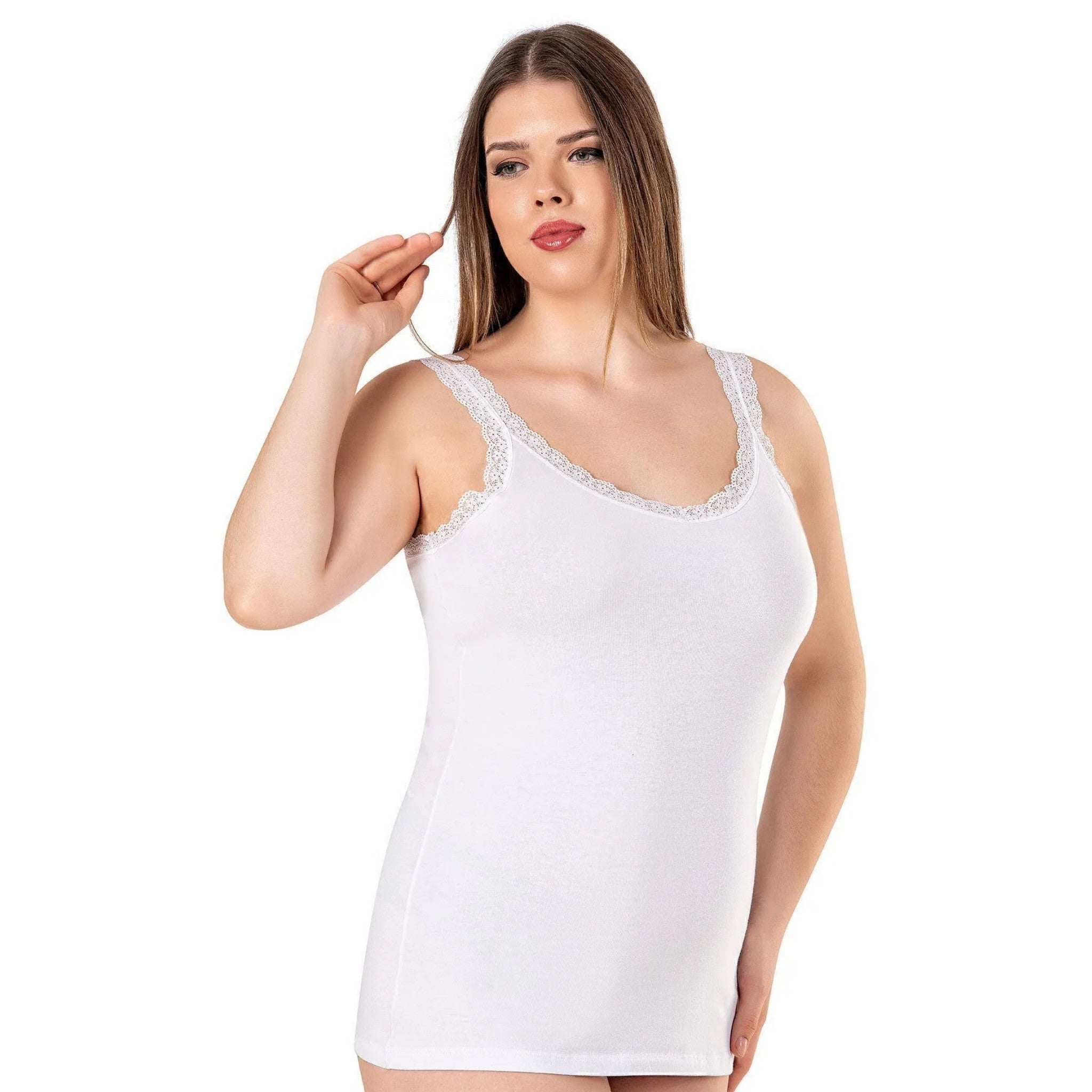 Plus Size Cotton Camisole with Lace Trim – Stretch Scoop Neck Tank Top for Women - Hazel Textile