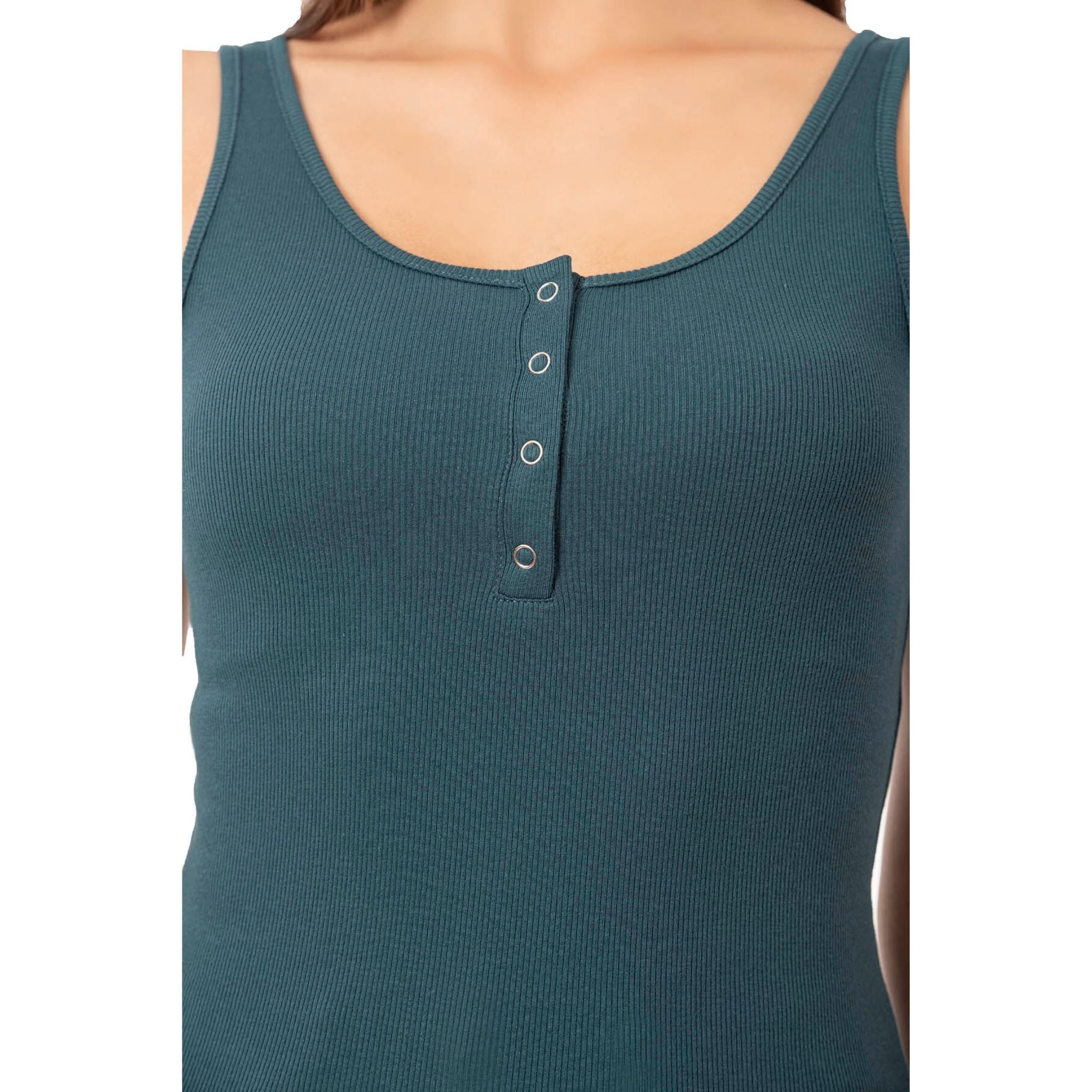 Women’s Ribbed Cotton Tank Top with Snap Buttons – Stretch Sleeveless Henley Shirt - Hazel Textile