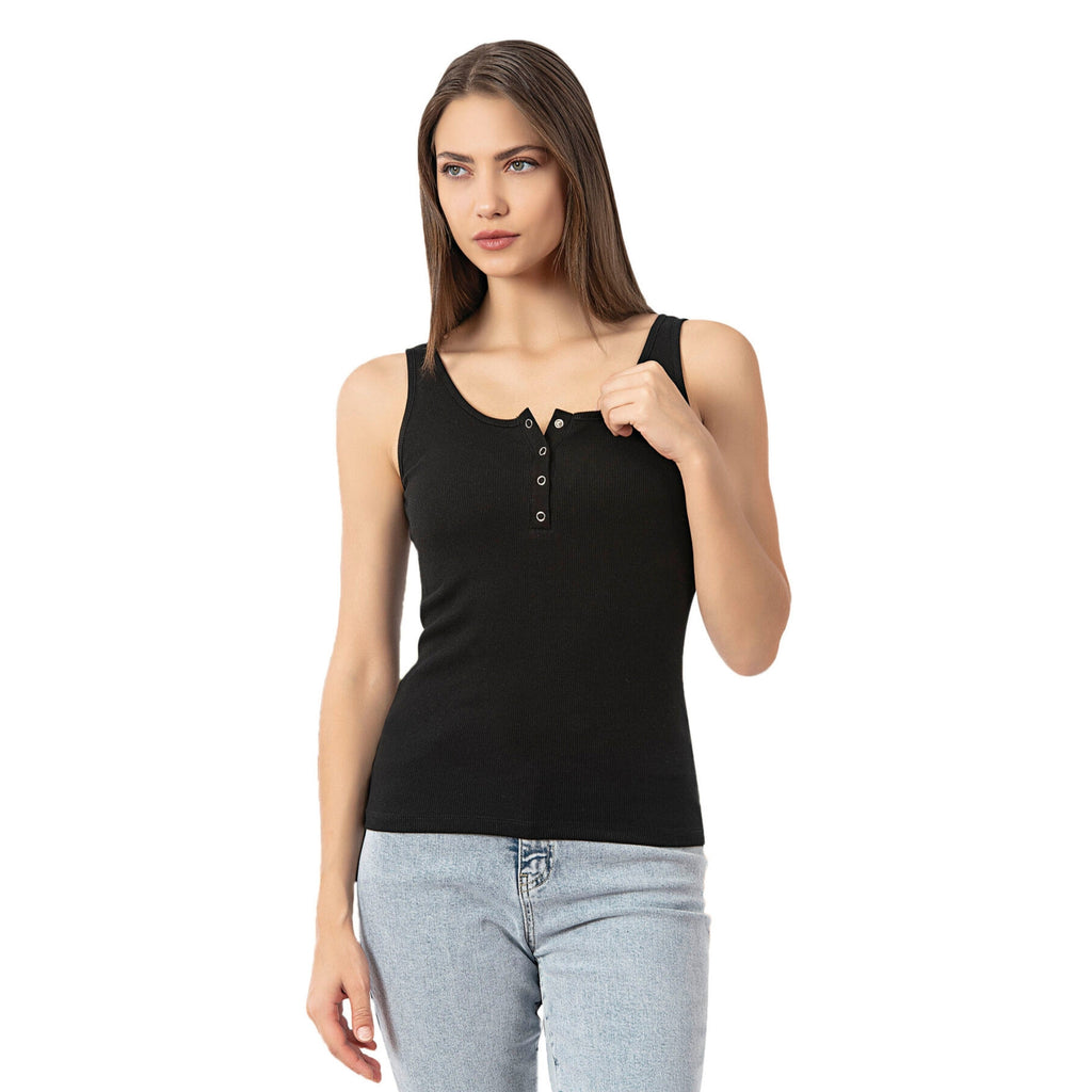 Women’s Ribbed Cotton Tank Top with Snap Buttons – Stretch Sleeveless Henley Shirt - Hazel Textile