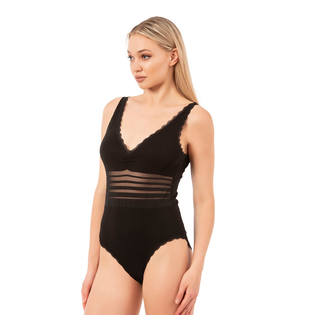 Women's Black Cotton Bodysuit with Sheer Stripe Waist & Lace Trim – Elegant & Comfortable - Hazel Textile