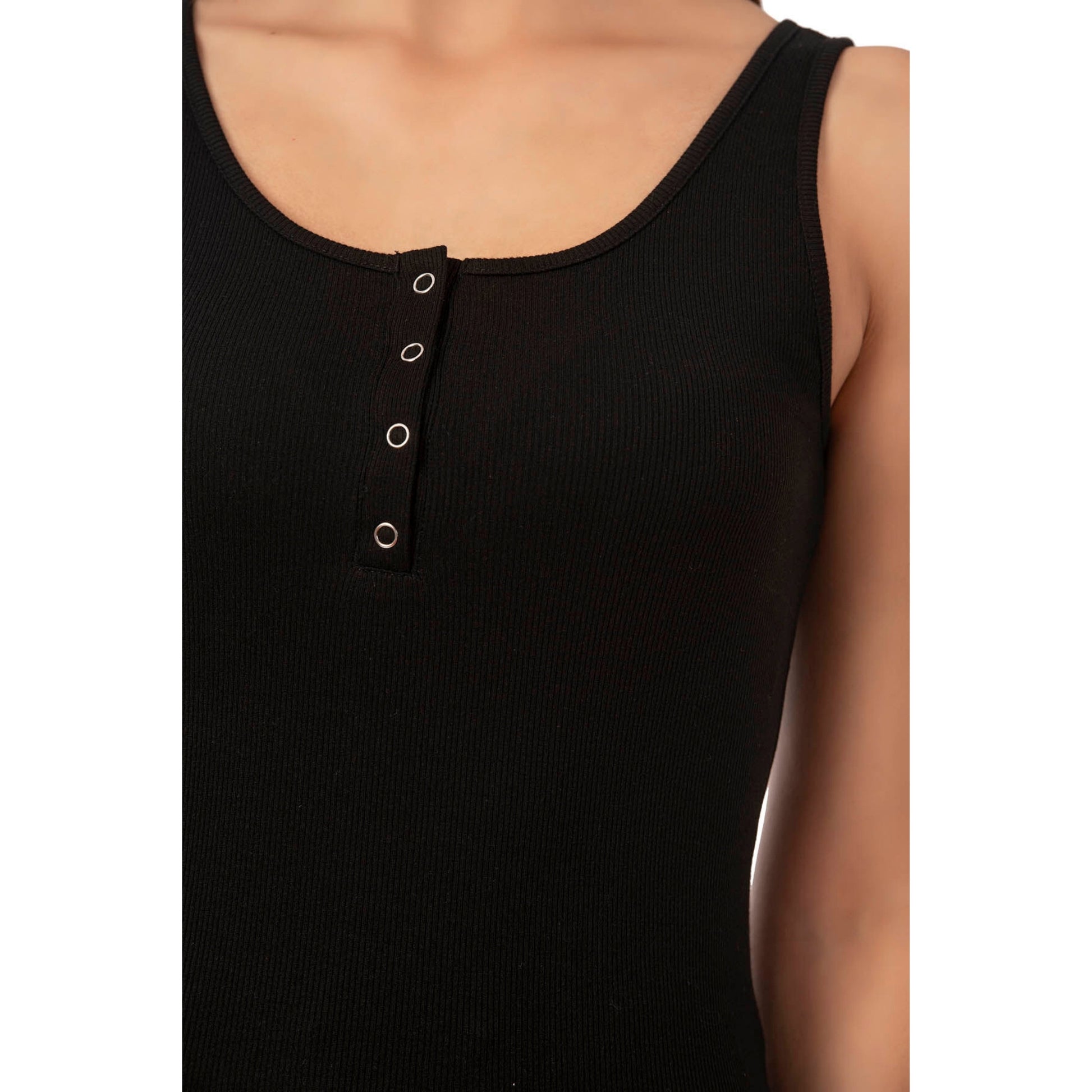 Women’s Ribbed Cotton Tank Top with Snap Buttons – Stretch Sleeveless Henley Shirt - Hazel Textile